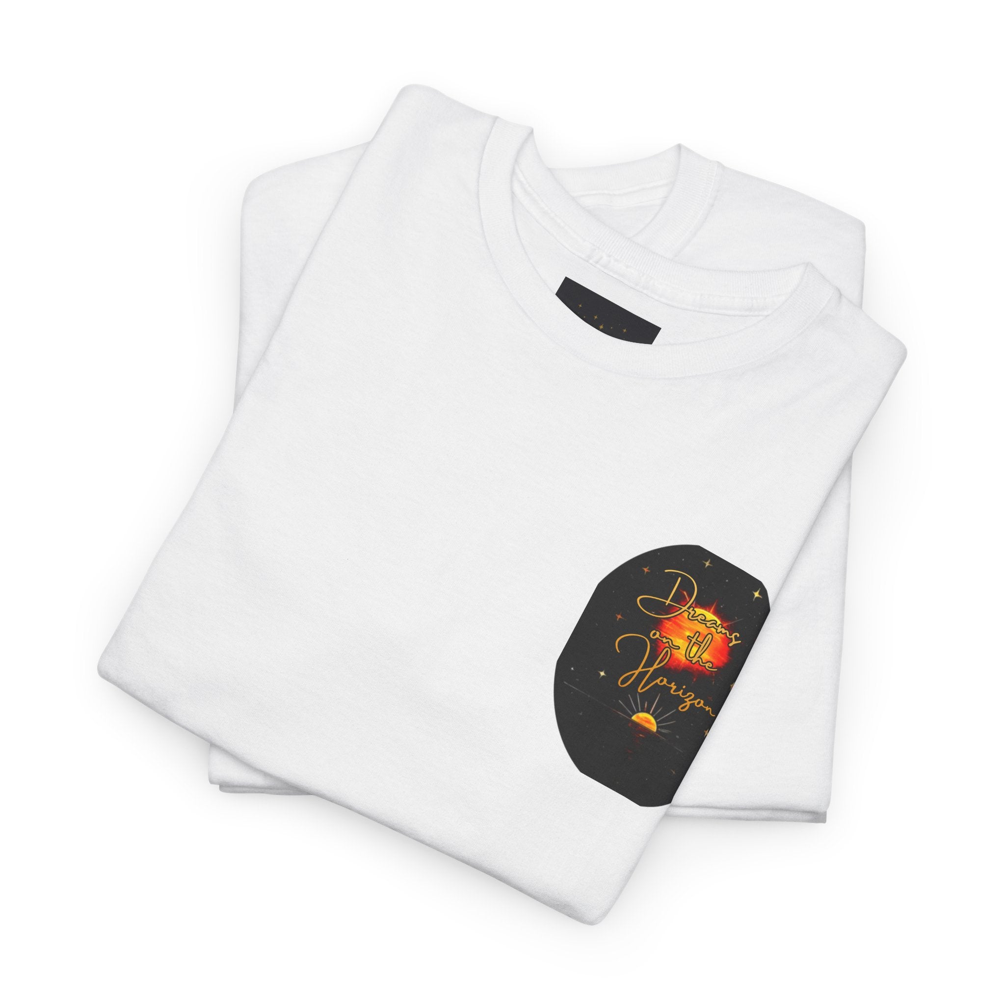 Dreams on the Horizon – Sunrise Back-Print Heavy Cotton Tee, Inspirational and Motivational Apparel, Gift for Dreamers, Creative Expression Wear