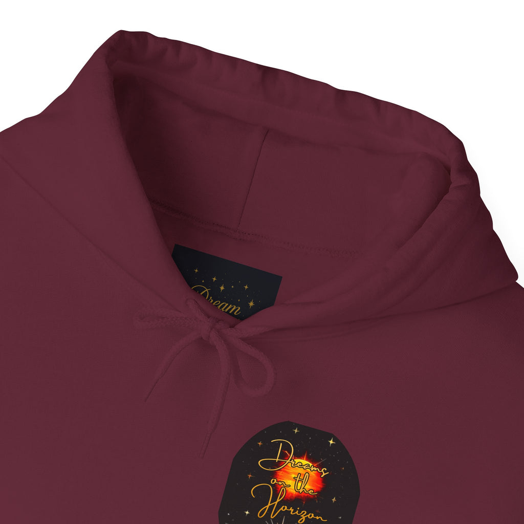 Dreams on the Horizon Sunrise Back Print Hooded Sweatshirt, Inspirational and Motivational Apparel, Gift for Dreamers, Creative Expression Wear