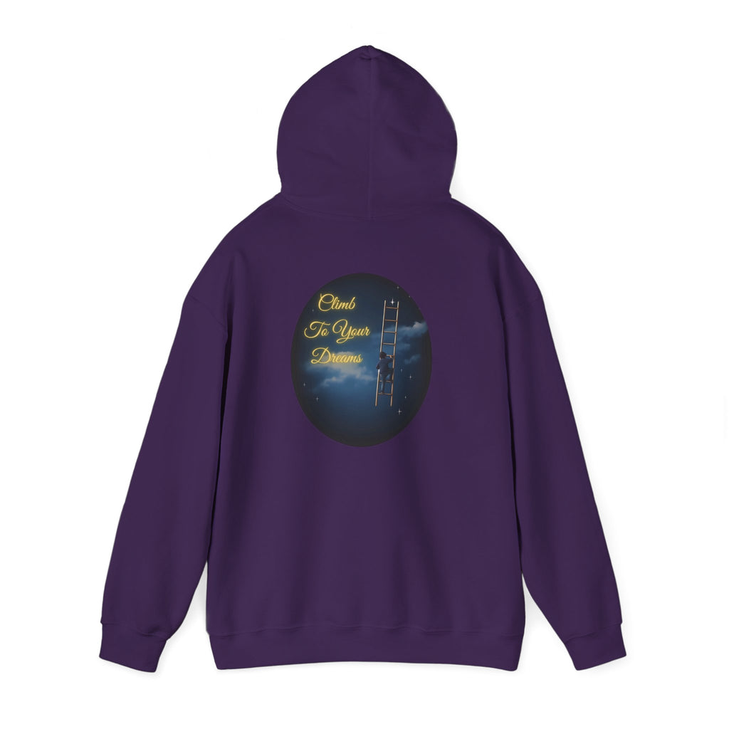 Climb To Your Dreams – Starry Night Ladder-to-Moon Back-Print Hoodie + Front Badge | Gildan 18500, Inspirational and Motivational Apparel, Gift for Dreamers, Creative Expression Wear