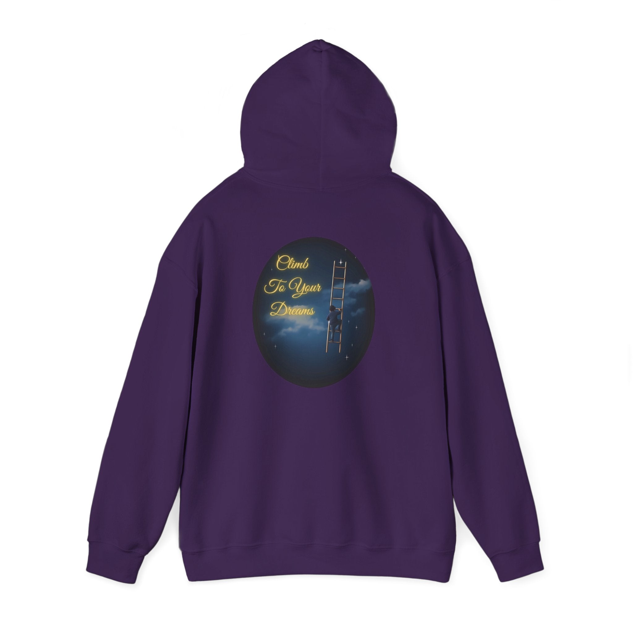 Climb To Your Dreams – Starry Night Ladder-to-Moon Back-Print Hoodie + Front Badge | Gildan 18500, Inspirational and Motivational Apparel, Gift for Dreamers, Creative Expression Wear