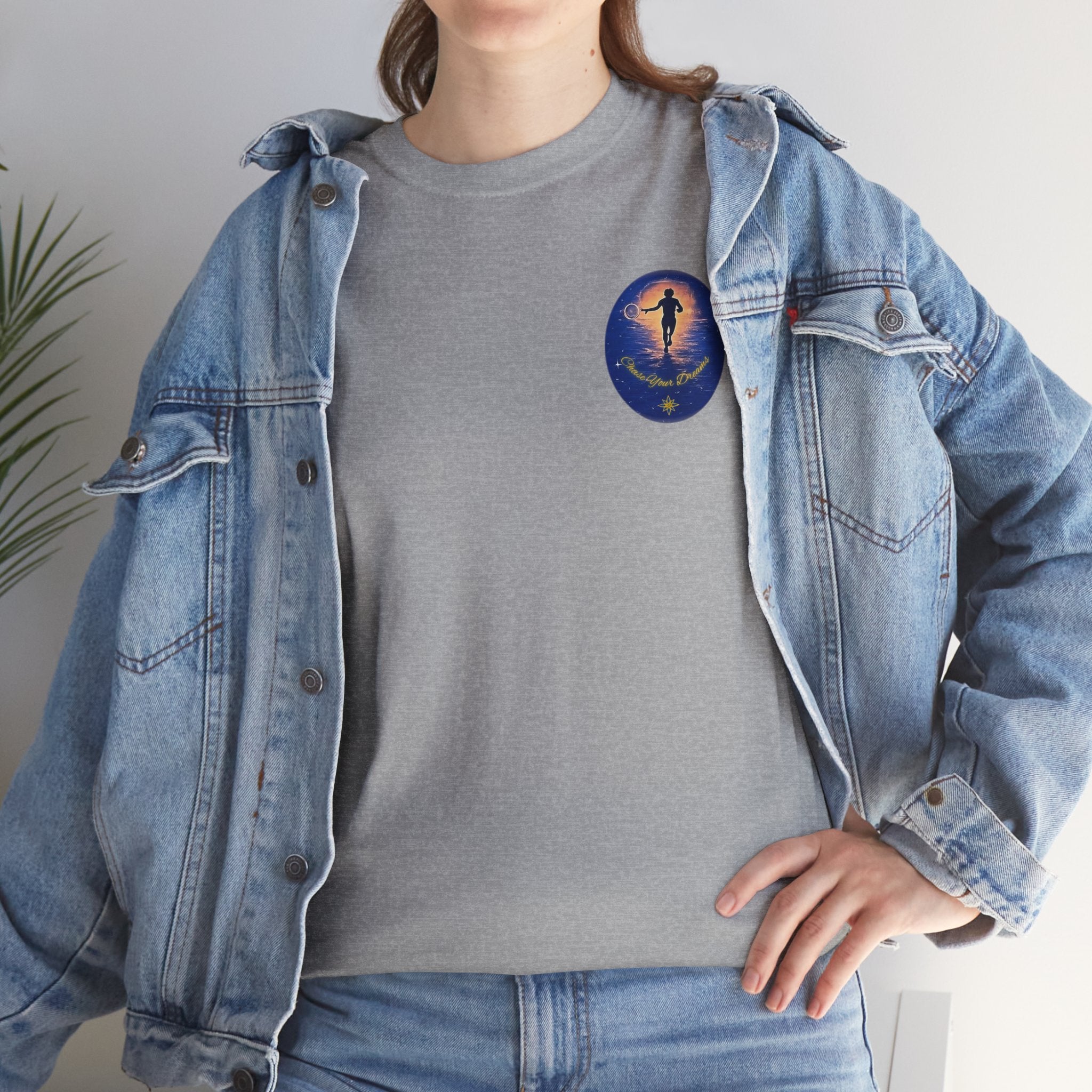 Chase Your Dreams – Sunrise Silhouette Back Printed Heavy Cotton Tee, Inspirational and Motivational Apparel, Gift for Dreamers, Creative Expression Wear