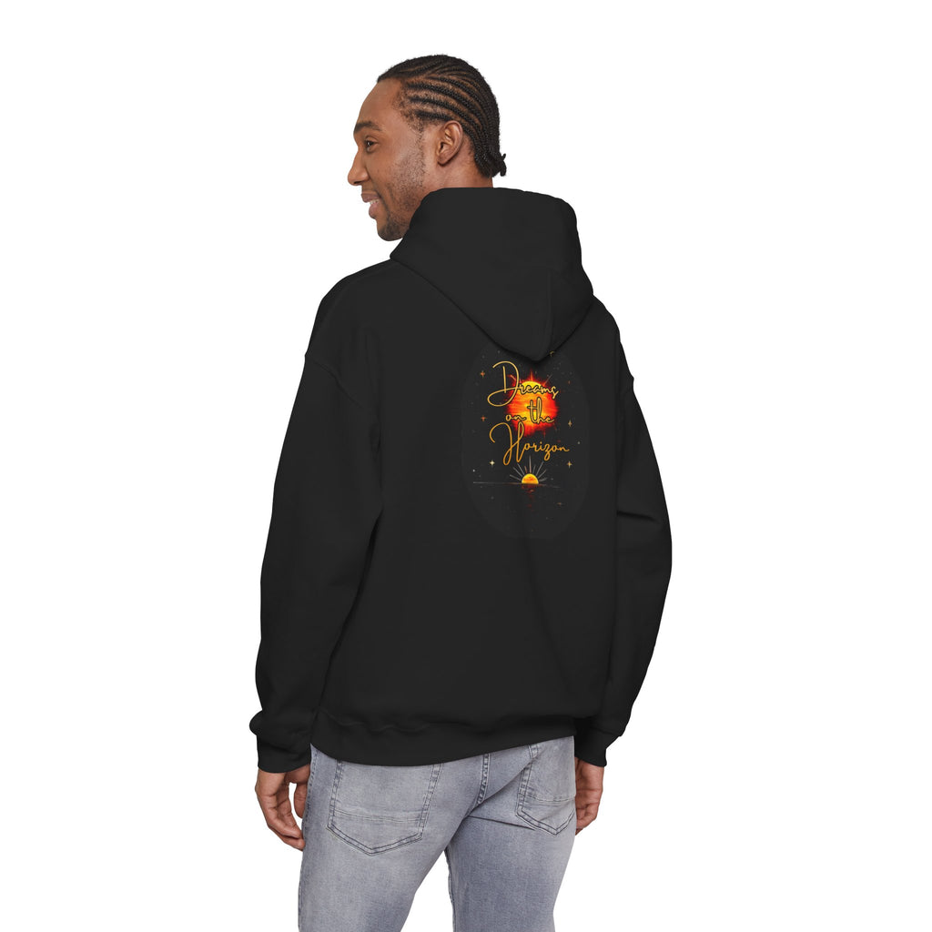 Dreams on the Horizon Sunrise Back Print Hooded Sweatshirt, Inspirational and Motivational Apparel, Gift for Dreamers, Creative Expression Wear