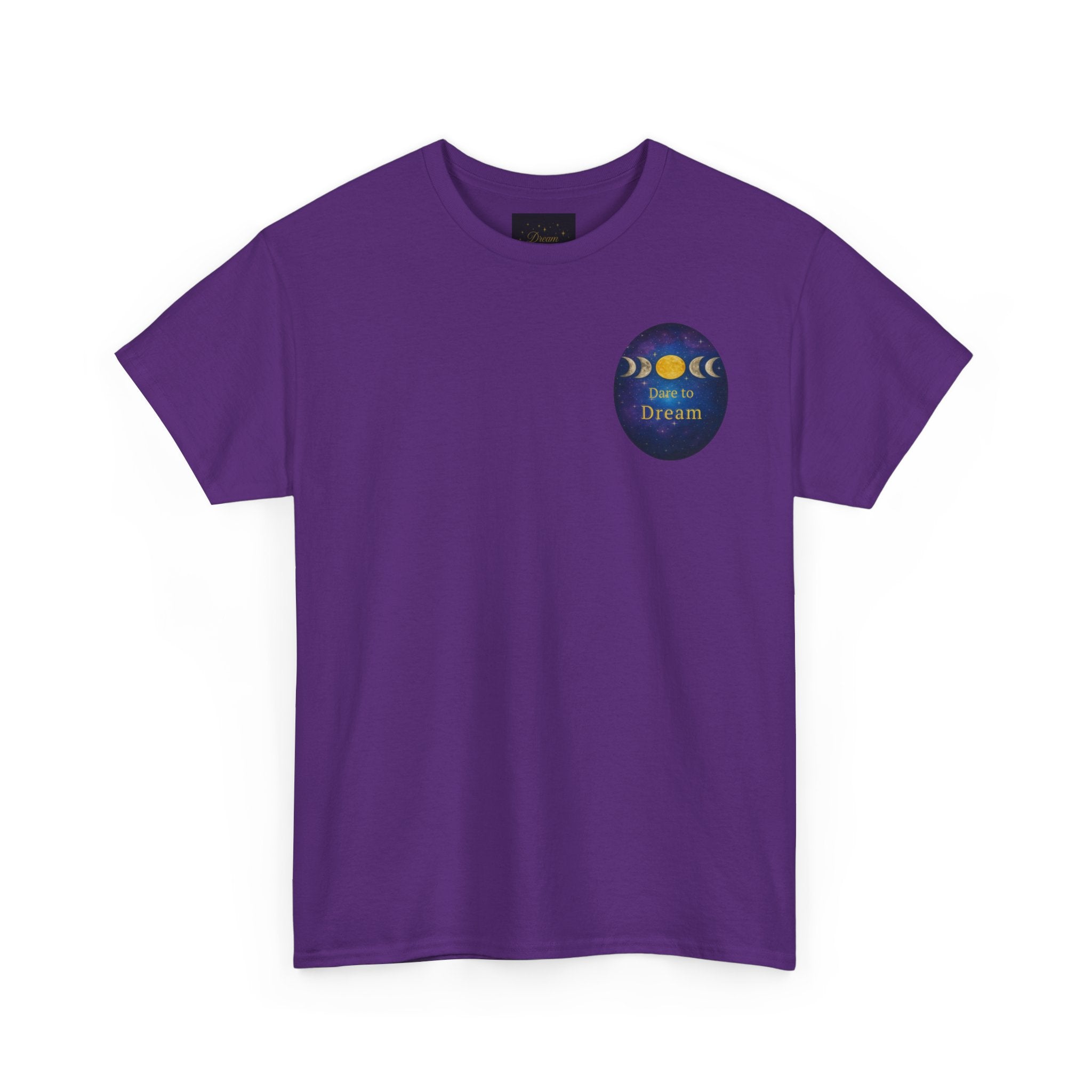 Dare to Dream Moon-Phase Tee – Golden Full Moon Back Print + Front Badge | Gildan 5000 Heavy Cotton, Inspirational and Motivational Apparel, Gift for Dreamers, Creative Expression Wear