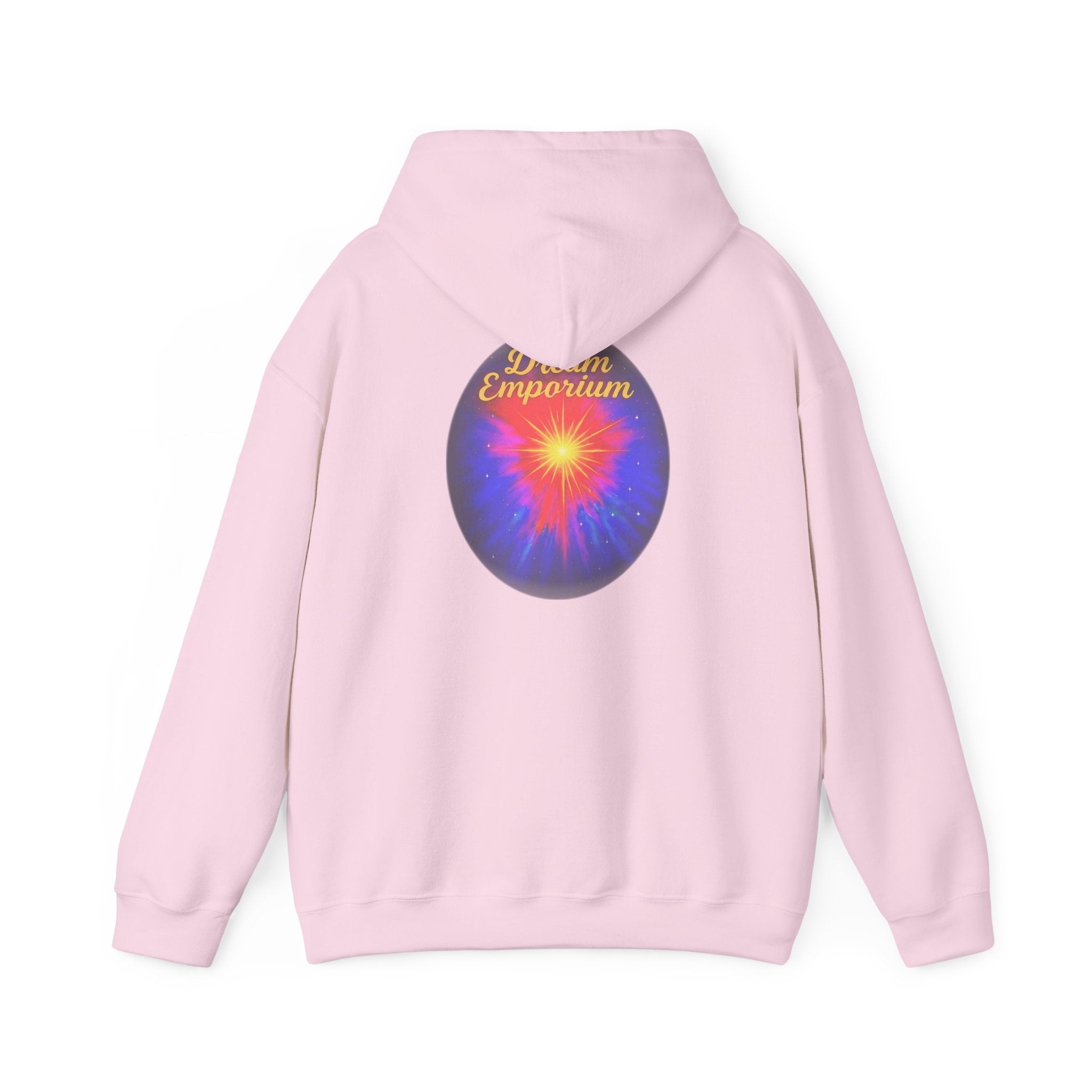 Dream Emporium – Back Printed Radiant Starburst Heavy Blend™ Hooded Sweatshirt, Inspirational and Motivational Apparel, Gift for Dreamers, Creative Expression Wear