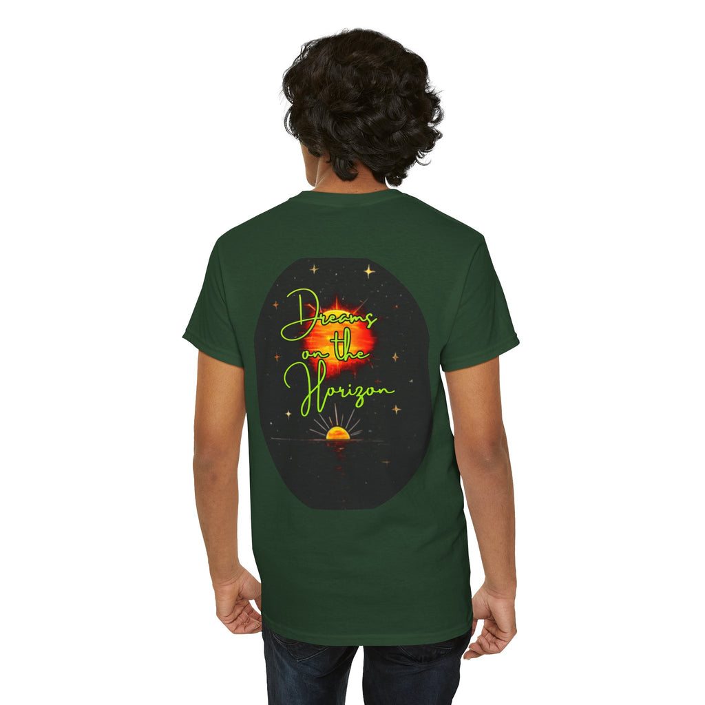 Dreams on the Horizon (Lemongrass) – Sunrise Back-Print Heavy Cotton Tee, Inspirational and Motivational Apparel, Gift for Dreamers, Creative Expression Wear