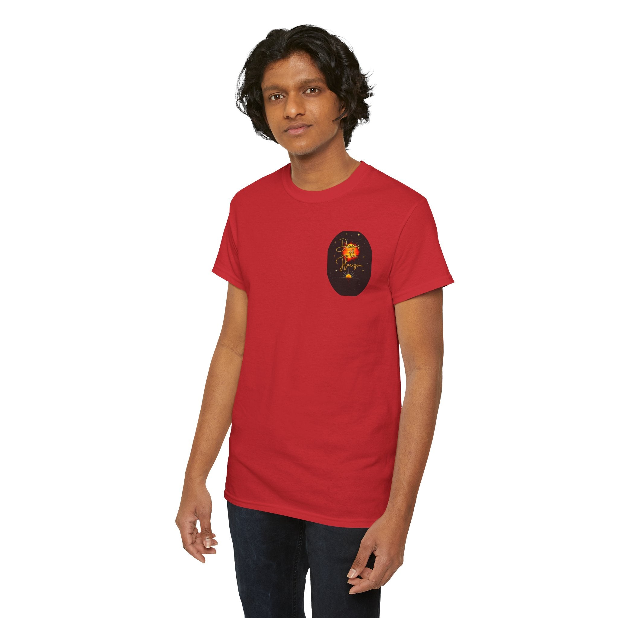 Dreams on the Horizon – Sunrise Back-Print Heavy Cotton Tee, Inspirational and Motivational Apparel, Gift for Dreamers, Creative Expression Wear