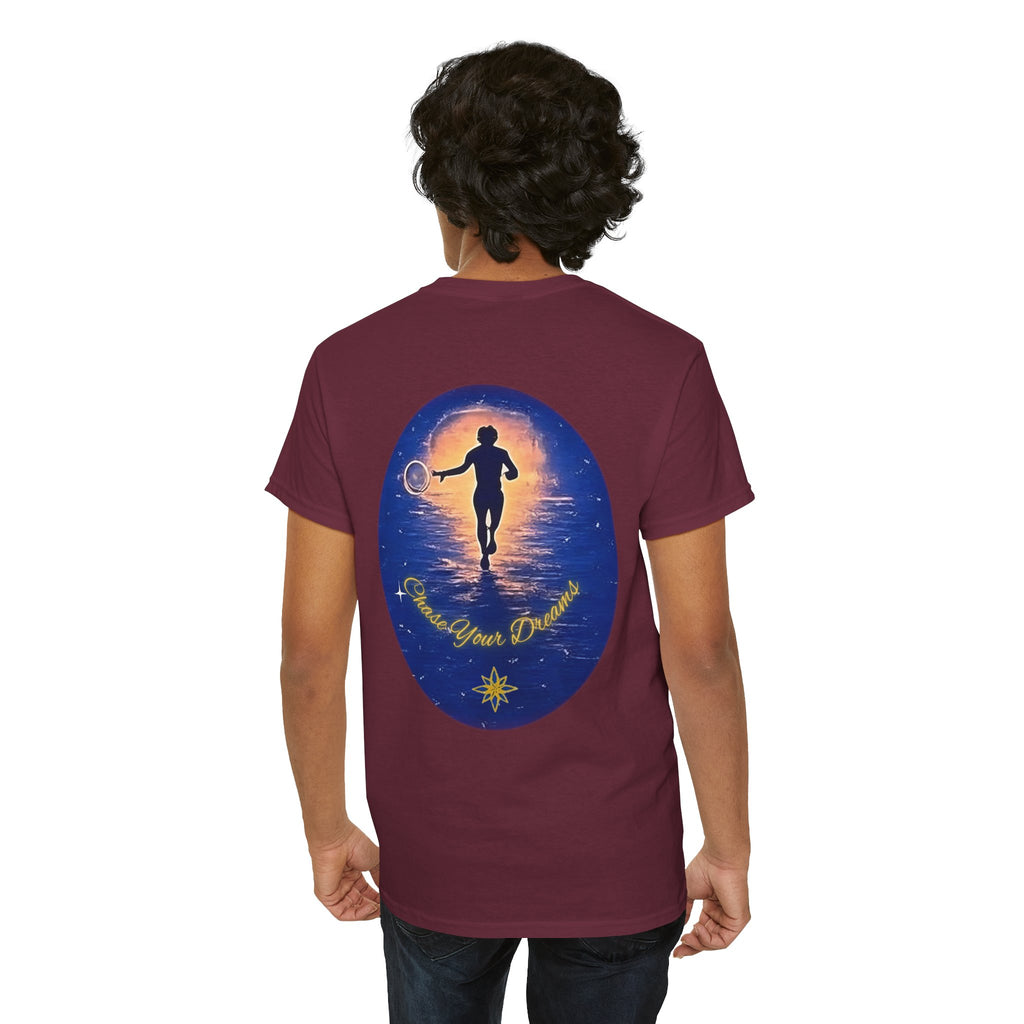 Chase Your Dreams – Sunrise Silhouette Back Printed Heavy Cotton Tee, Inspirational and Motivational Apparel, Gift for Dreamers, Creative Expression Wear