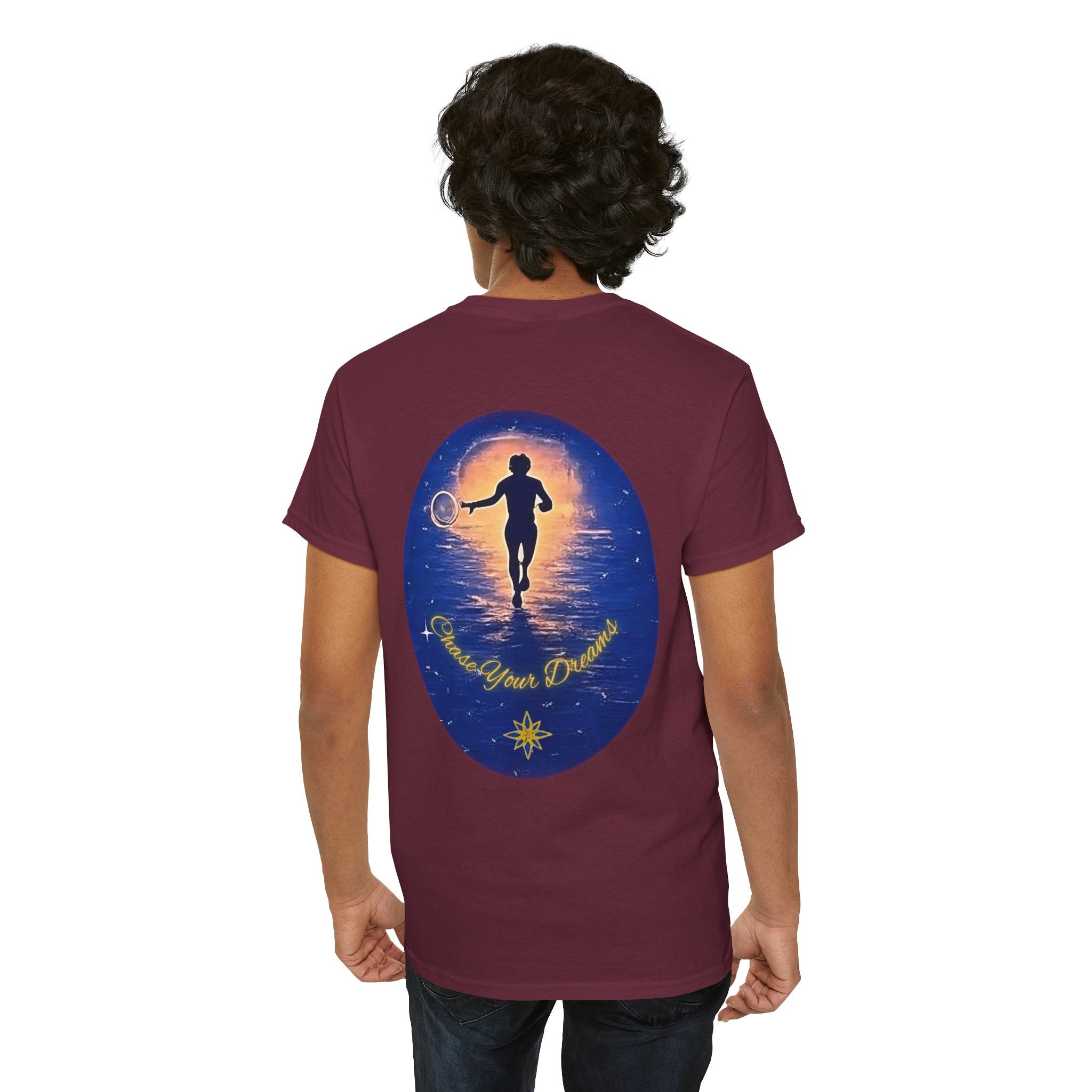 Chase Your Dreams – Sunrise Silhouette Back Printed Heavy Cotton Tee, Inspirational and Motivational Apparel, Gift for Dreamers, Creative Expression Wear