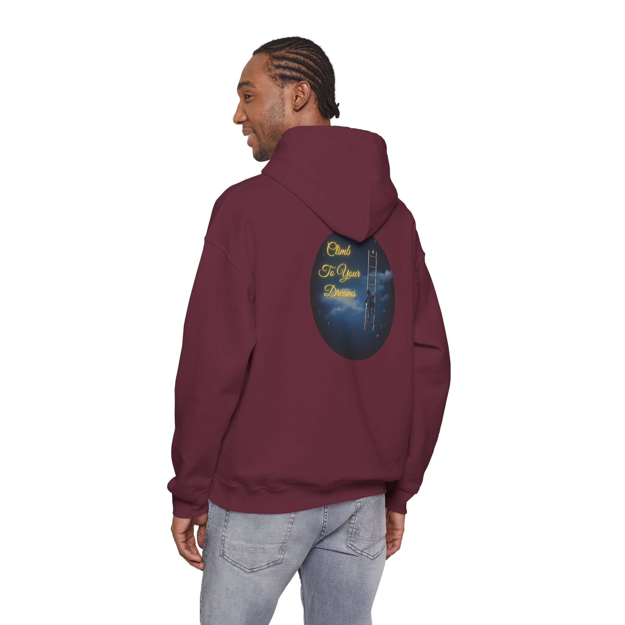 Climb To Your Dreams – Starry Night Ladder-to-Moon Back-Print Hoodie + Front Badge | Gildan 18500, Inspirational and Motivational Apparel, Gift for Dreamers, Creative Expression Wear