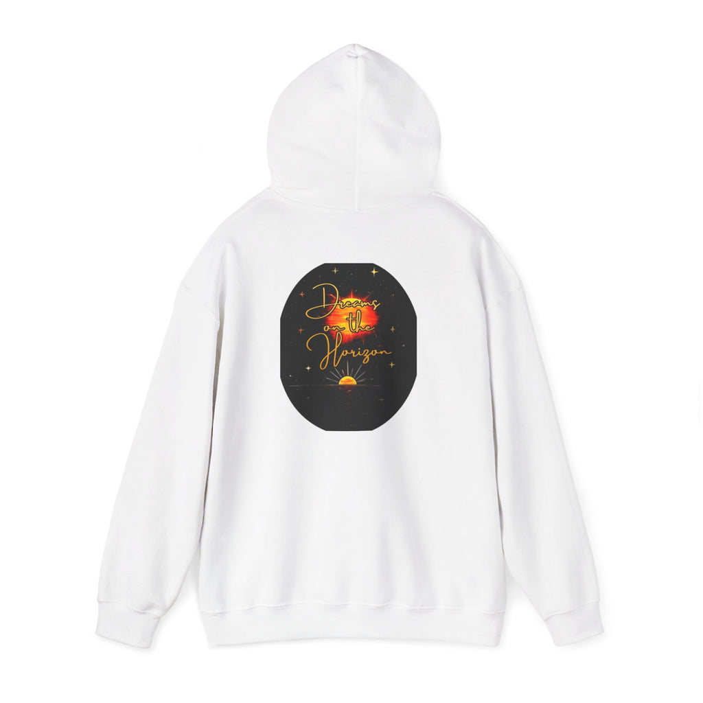 Dreams on the Horizon Sunrise Back Print Hooded Sweatshirt, Inspirational and Motivational Apparel, Gift for Dreamers, Creative Expression Wear