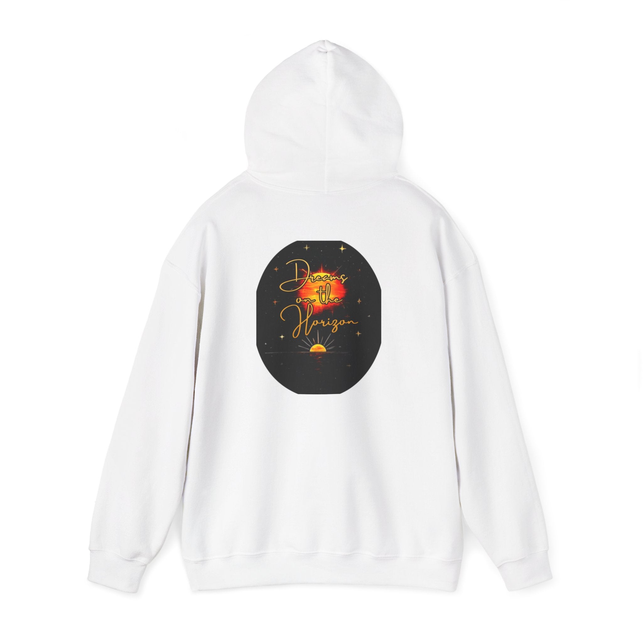 Dreams on the Horizon Sunrise Back Print Hooded Sweatshirt, Inspirational and Motivational Apparel, Gift for Dreamers, Creative Expression Wear