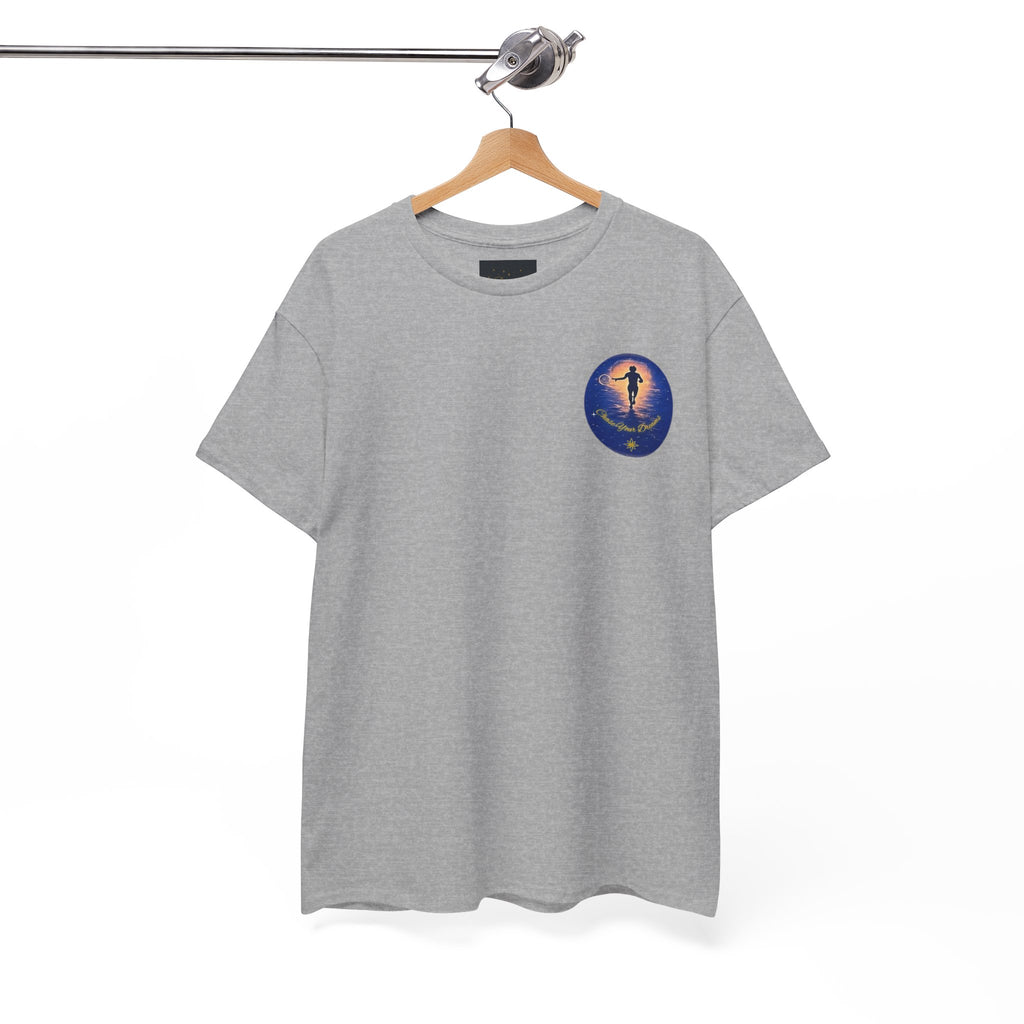 Chase Your Dreams – Sunrise Silhouette Back Printed Heavy Cotton Tee, Inspirational and Motivational Apparel, Gift for Dreamers, Creative Expression Wear