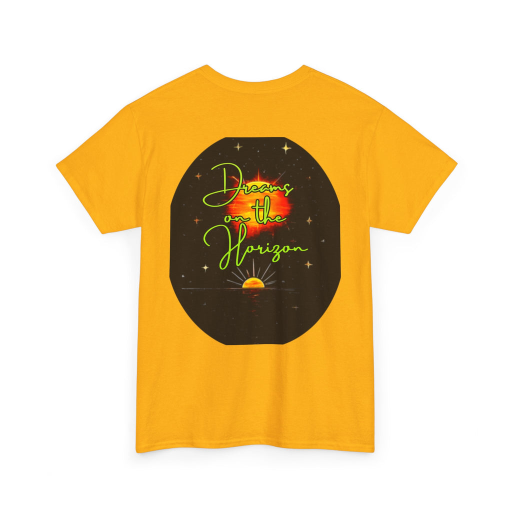 Dreams on the Horizon (Lemongrass) – Sunrise Back-Print Heavy Cotton Tee, Inspirational and Motivational Apparel, Gift for Dreamers, Creative Expression Wear