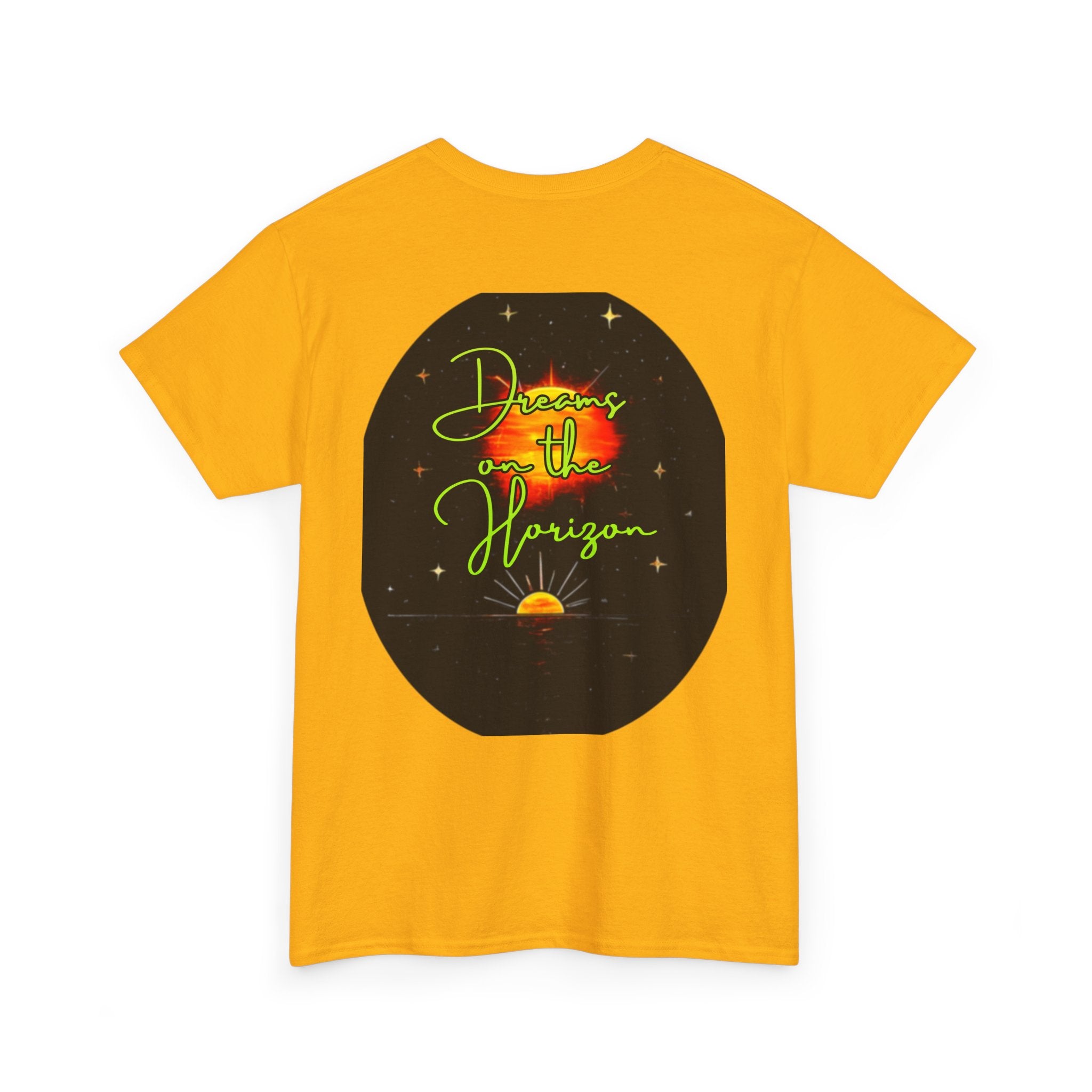 Dreams on the Horizon (Lemongrass) – Sunrise Back-Print Heavy Cotton Tee, Inspirational and Motivational Apparel, Gift for Dreamers, Creative Expression Wear