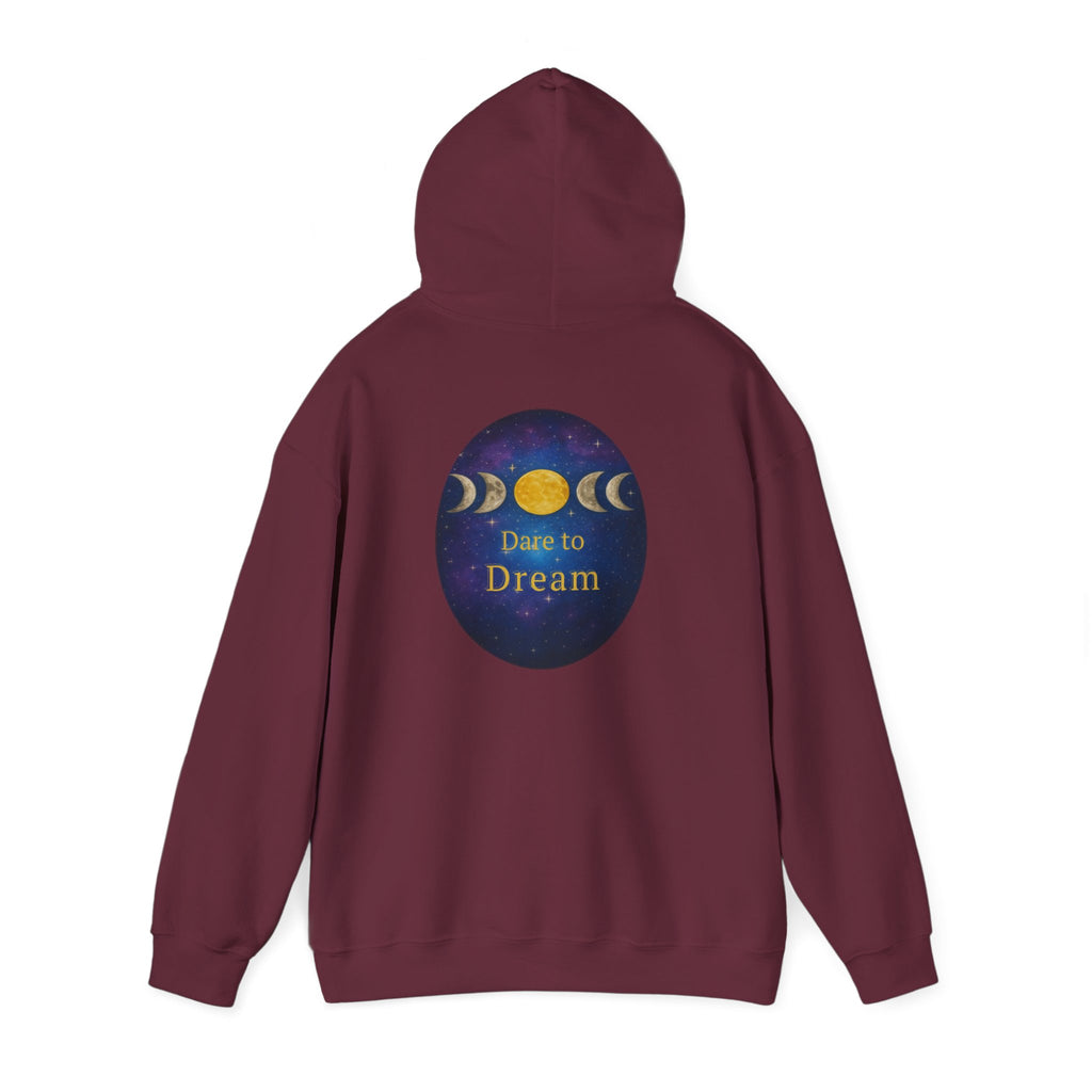 Dare to Dream Moon-Phase Hoodie | Back Glow Print + Front Badge | Heavy Blend™, Inspirational and Motivational Apparel, Gift for Dreamers, Creative Expression Wear