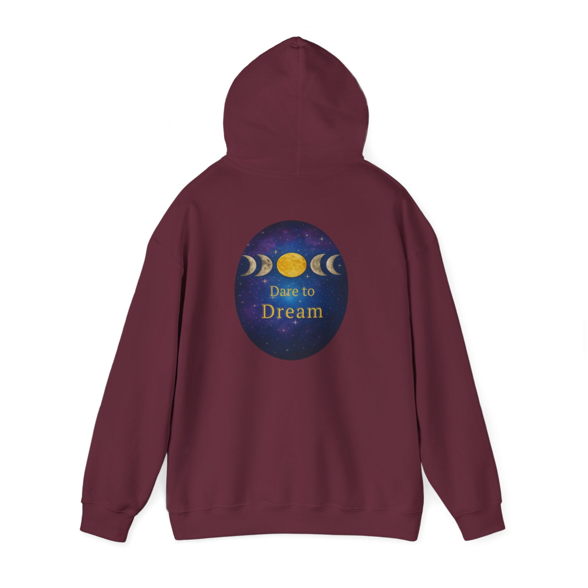 Dare to Dream Moon-Phase Hoodie | Back Glow Print + Front Badge | Heavy Blend™, Inspirational and Motivational Apparel, Gift for Dreamers, Creative Expression Wear