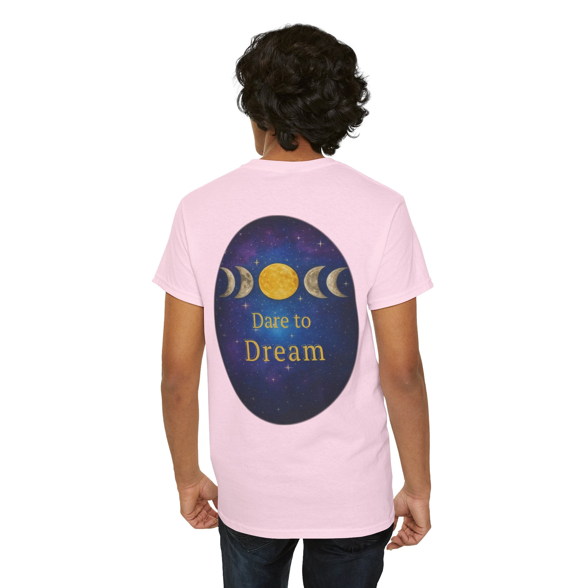Dare to Dream Moon-Phase Tee – Golden Full Moon Back Print + Front Badge | Gildan 5000 Heavy Cotton, Inspirational and Motivational Apparel, Gift for Dreamers, Creative Expression Wear