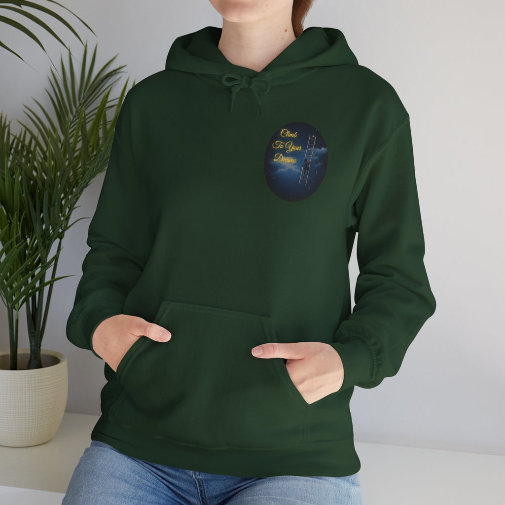 Climb To Your Dreams – Starry Night Ladder-to-Moon Back-Print Hoodie + Front Badge | Gildan 18500, Inspirational and Motivational Apparel, Gift for Dreamers, Creative Expression Wear