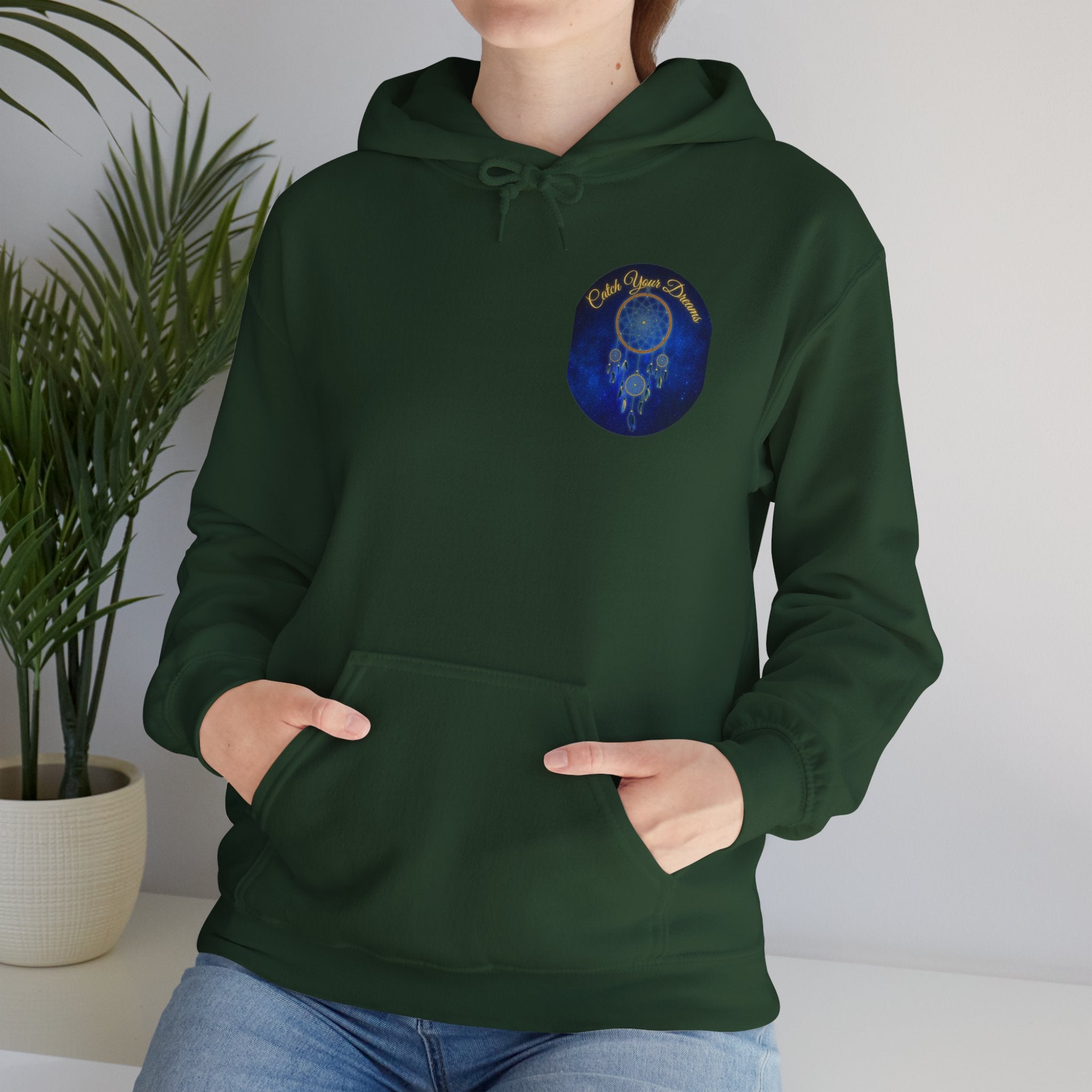 Catch Your Dream – Dreamcatcher Back Print Hooded Sweatshirt, Inspirational and Motivational Apparel, Gift for Dreamers, Creative Expression Wear