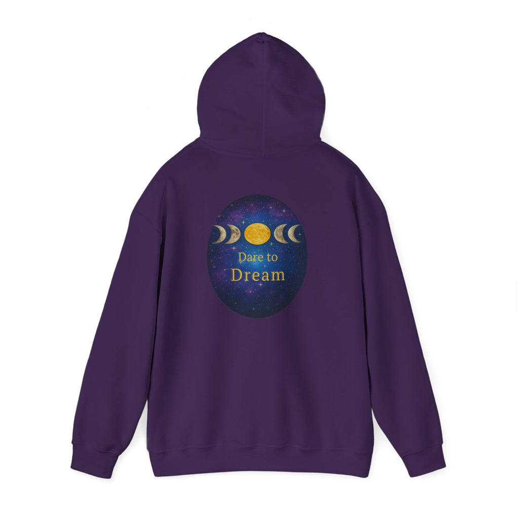 Dare to Dream Moon-Phase Hoodie | Back Glow Print + Front Badge | Heavy Blend™, Inspirational and Motivational Apparel, Gift for Dreamers, Creative Expression Wear