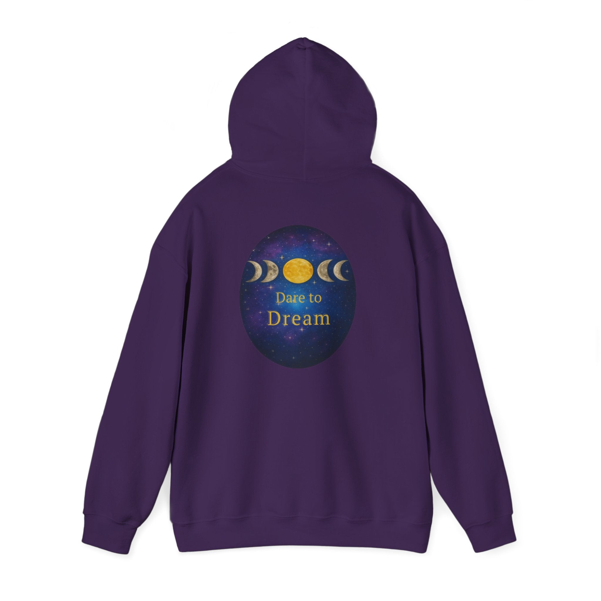 Dare to Dream Moon-Phase Hoodie | Back Glow Print + Front Badge | Heavy Blend™, Inspirational and Motivational Apparel, Gift for Dreamers, Creative Expression Wear