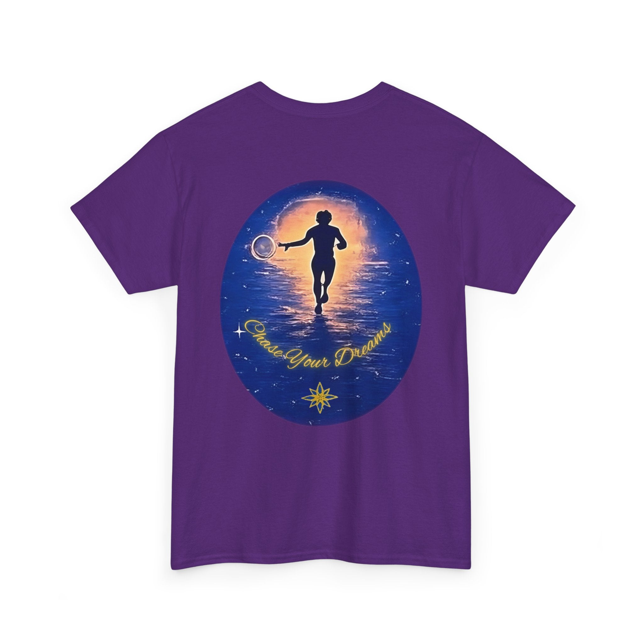 Chase Your Dreams – Sunrise Silhouette Back Printed Heavy Cotton Tee, Inspirational and Motivational Apparel, Gift for Dreamers, Creative Expression Wear