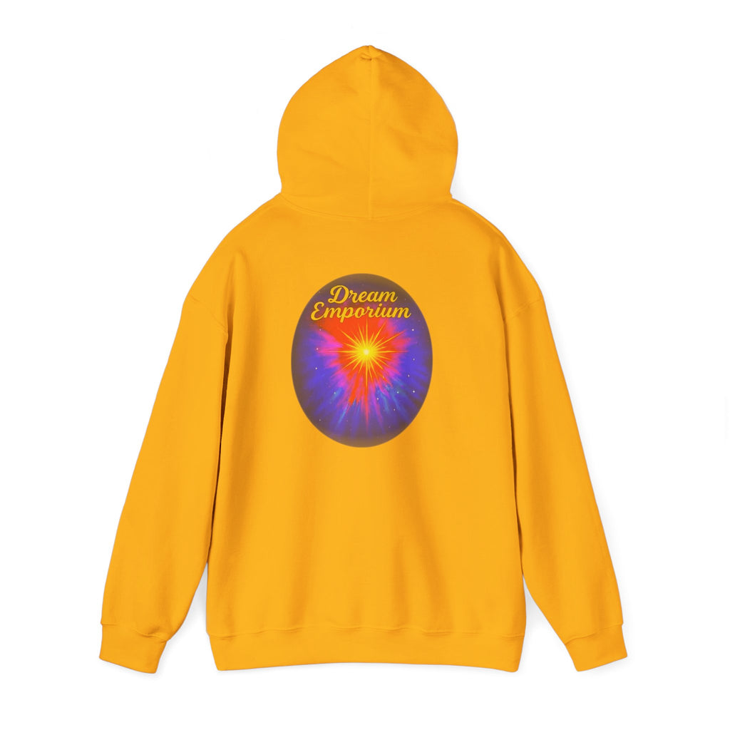 Dream Emporium – Back Printed Radiant Starburst Heavy Blend™ Hooded Sweatshirt, Inspirational and Motivational Apparel, Gift for Dreamers, Creative Expression Wear