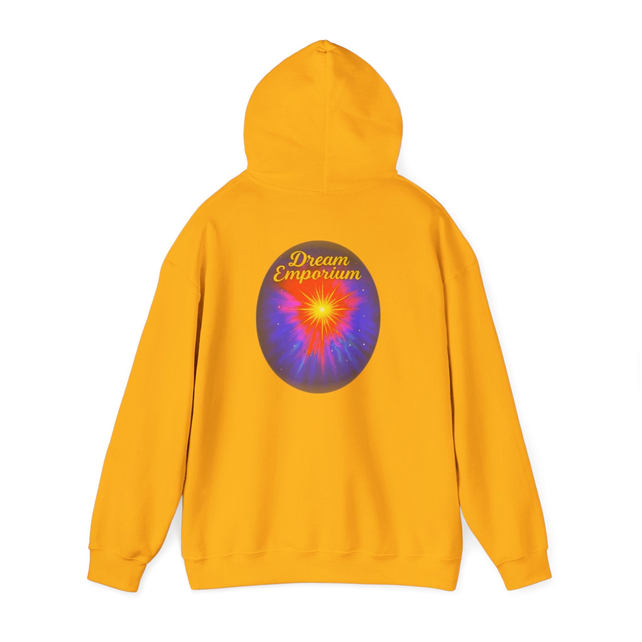 Dream Emporium – Back Printed Radiant Starburst Heavy Blend™ Hooded Sweatshirt, Inspirational and Motivational Apparel, Gift for Dreamers, Creative Expression Wear