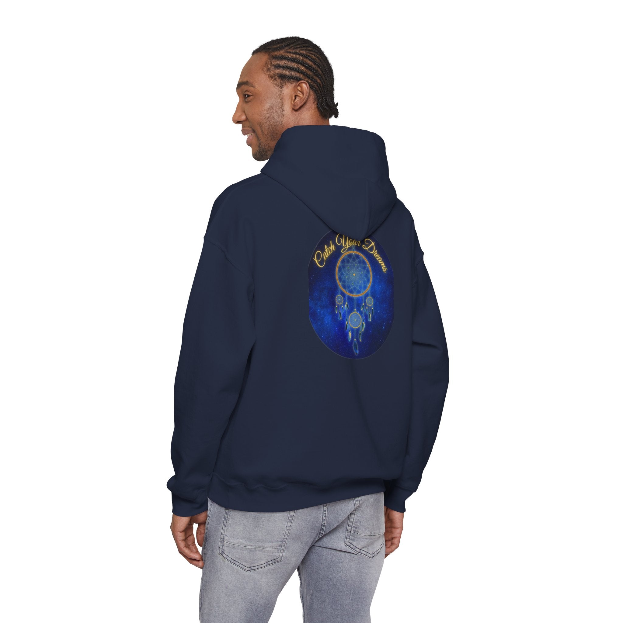 Catch Your Dream – Dreamcatcher Back Print Hooded Sweatshirt, Inspirational and Motivational Apparel, Gift for Dreamers, Creative Expression Wear