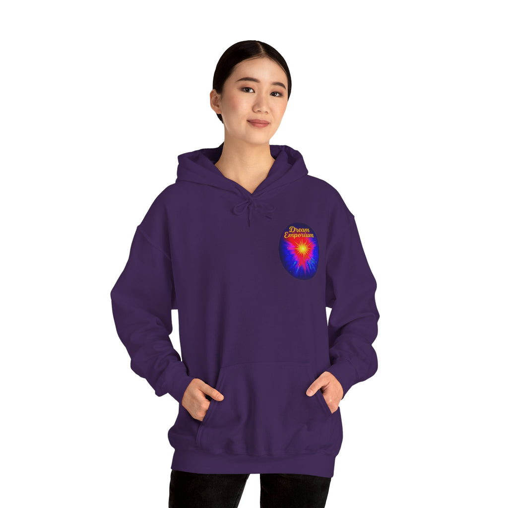 Dream Emporium – Back Printed Radiant Starburst Heavy Blend™ Hooded Sweatshirt, Inspirational and Motivational Apparel, Gift for Dreamers, Creative Expression Wear