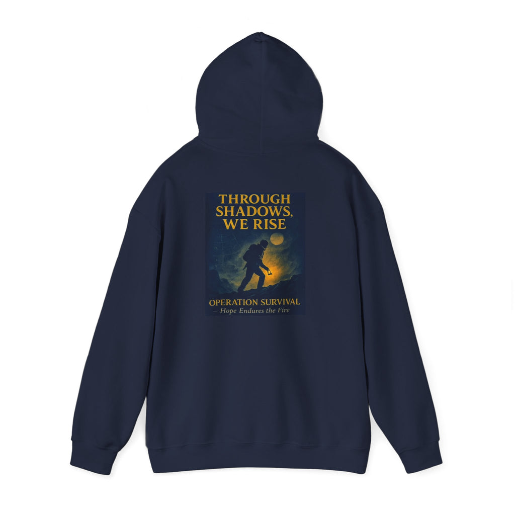 Through Shadows, We Rise – Back-print Cinematic Artwork Operation Survival Hoodie  | Gildan Heavy Blend™ 18500 — Inspirational and Motivational Apparel, Gift for Dreamers, Creative Expression Wear