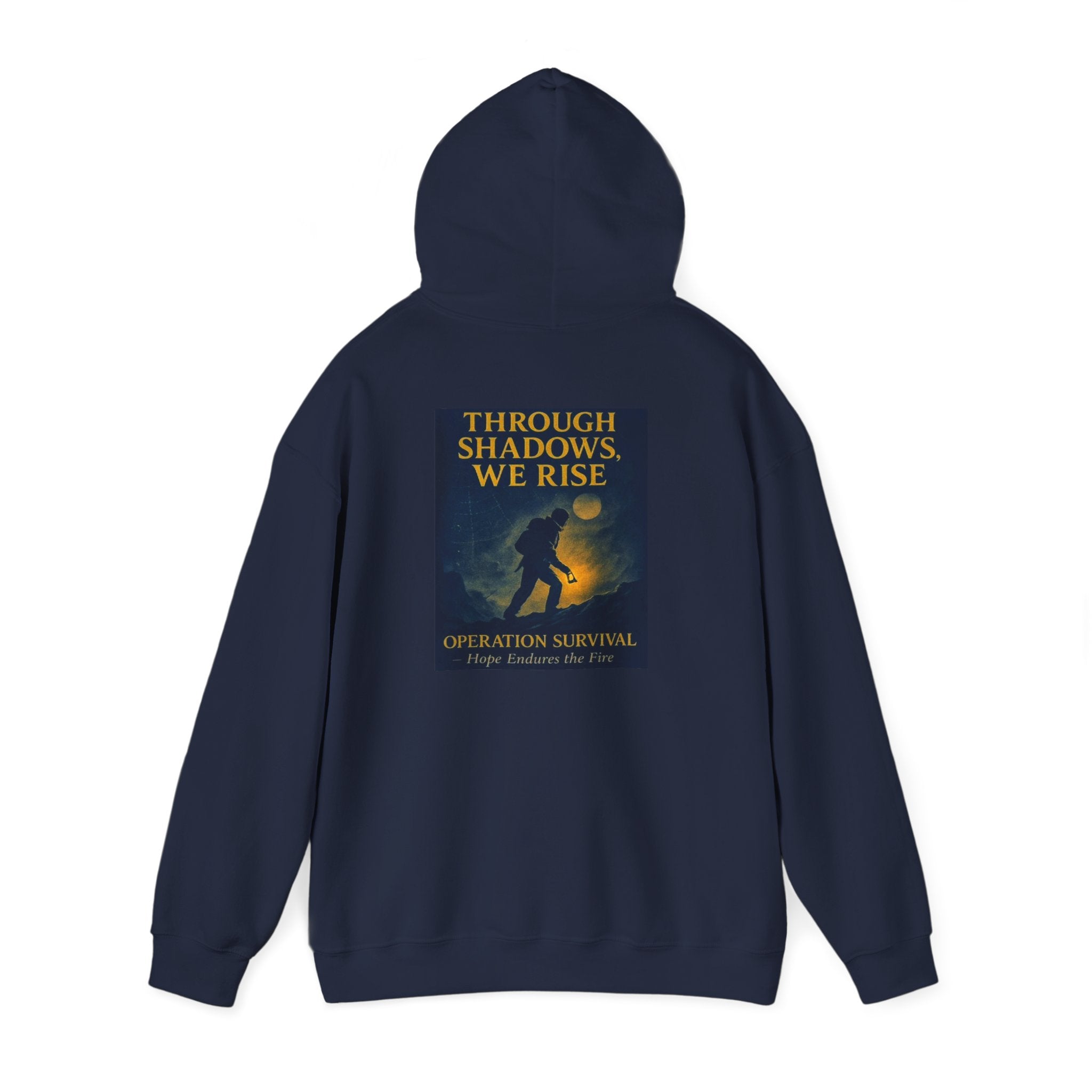 Through Shadows, We Rise – Back-print Cinematic Artwork Operation Survival Hoodie  | Gildan Heavy Blend™ 18500 — Inspirational and Motivational Apparel, Gift for Dreamers, Creative Expression Wear