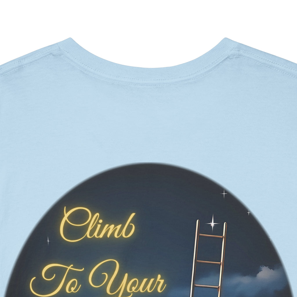 Climb To Your Dreams – Starry Night Ladder Back-Print Tee + Front Badge | Gildan 5000, Inspirational and Motivational Apparel, Gift for Dreamers, Creative Expression Wear
