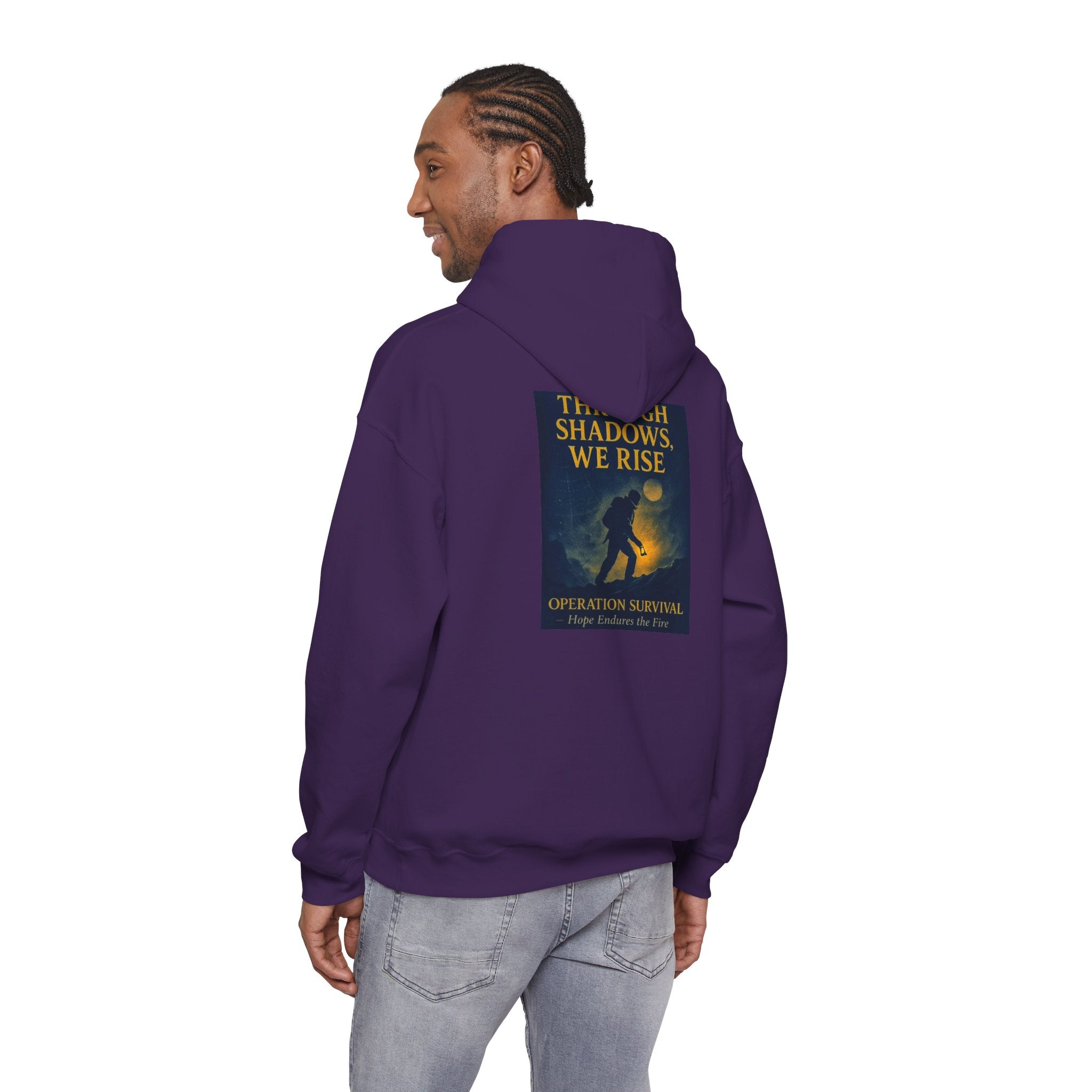 Through Shadows, We Rise – Back-print Cinematic Artwork Operation Survival Hoodie  | Gildan Heavy Blend™ 18500 — Inspirational and Motivational Apparel, Gift for Dreamers, Creative Expression Wear