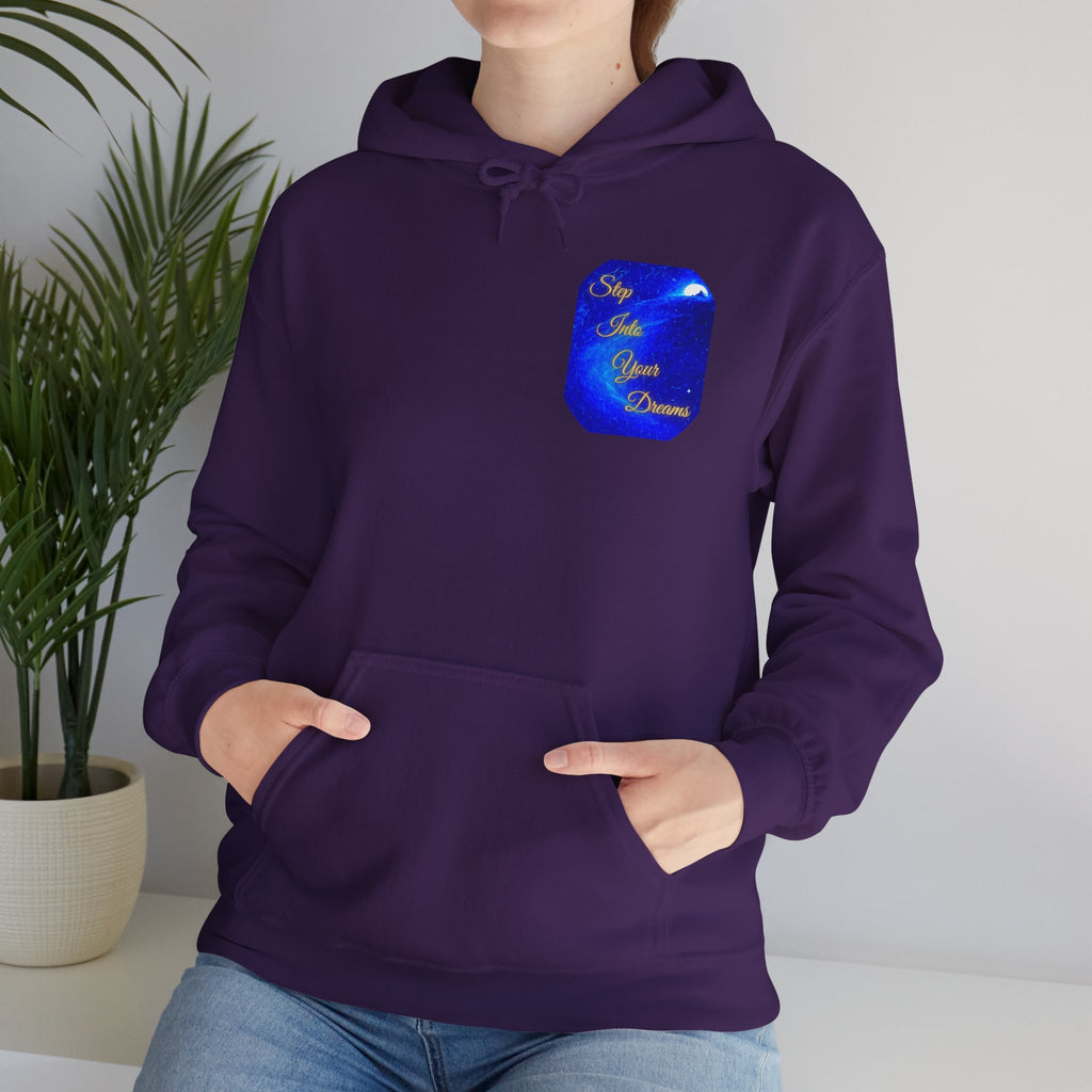 Step Into Your Dreams – Cosmic Gateway Back-print Hoodie | Tiny front badge | Gildan Heavy Blend™. Inspirational and Motivational Apparel, Gift for Dreamers, Creative Expression