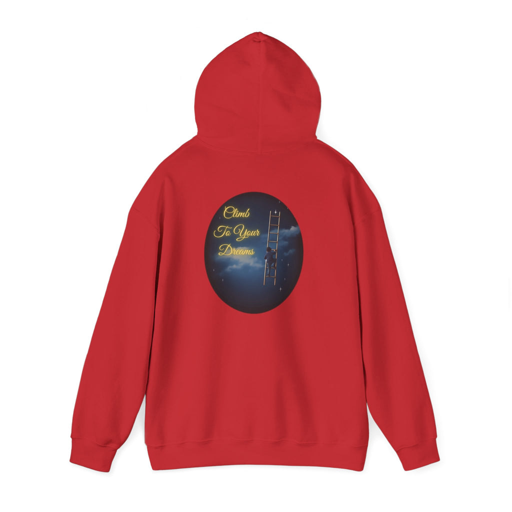 Climb To Your Dreams – Starry Night Ladder-to-Moon Back-Print Hoodie + Front Badge | Gildan 18500, Inspirational and Motivational Apparel, Gift for Dreamers, Creative Expression Wear