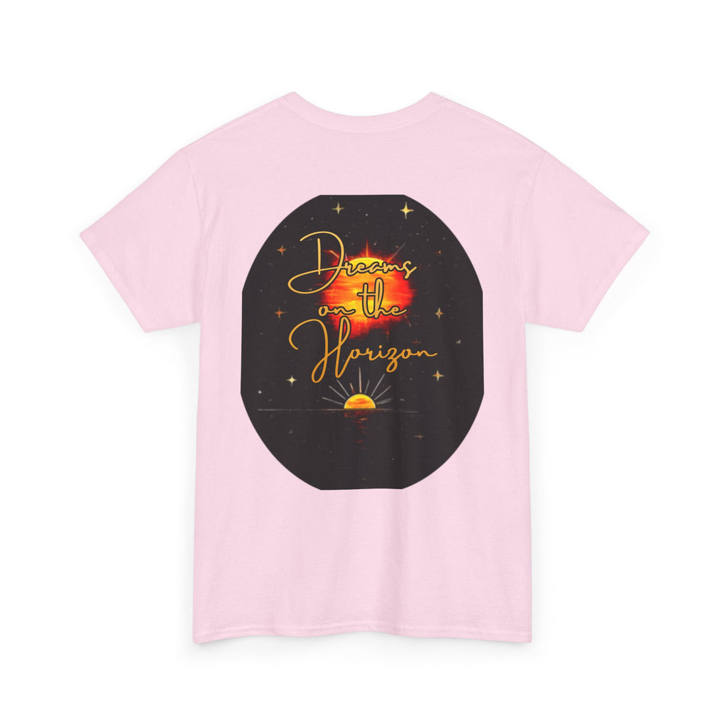 Dreams on the Horizon – Sunrise Back-Print Heavy Cotton Tee, Inspirational and Motivational Apparel, Gift for Dreamers, Creative Expression Wear