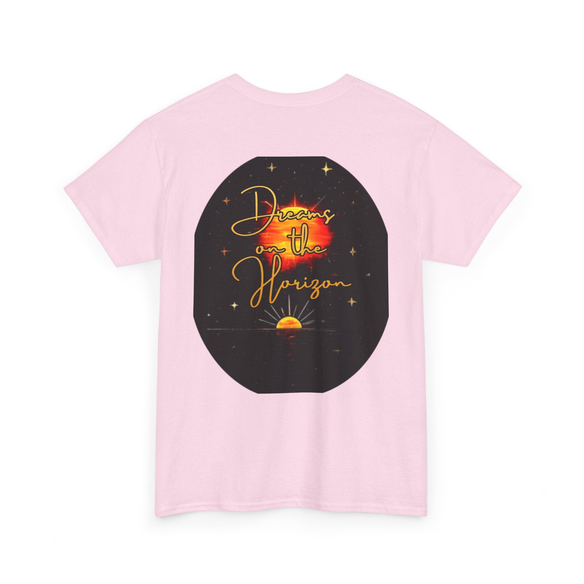 Dreams on the Horizon – Sunrise Back-Print Heavy Cotton Tee, Inspirational and Motivational Apparel, Gift for Dreamers, Creative Expression Wear
