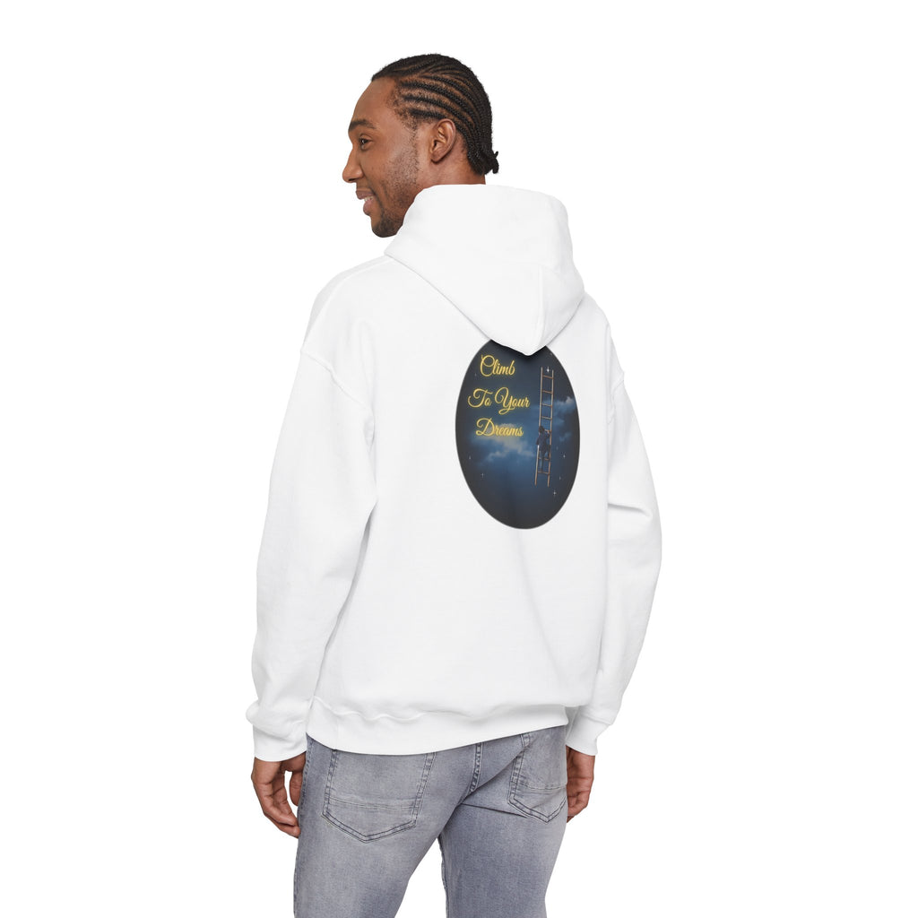 Climb To Your Dreams – Starry Night Ladder-to-Moon Back-Print Hoodie + Front Badge | Gildan 18500, Inspirational and Motivational Apparel, Gift for Dreamers, Creative Expression Wear