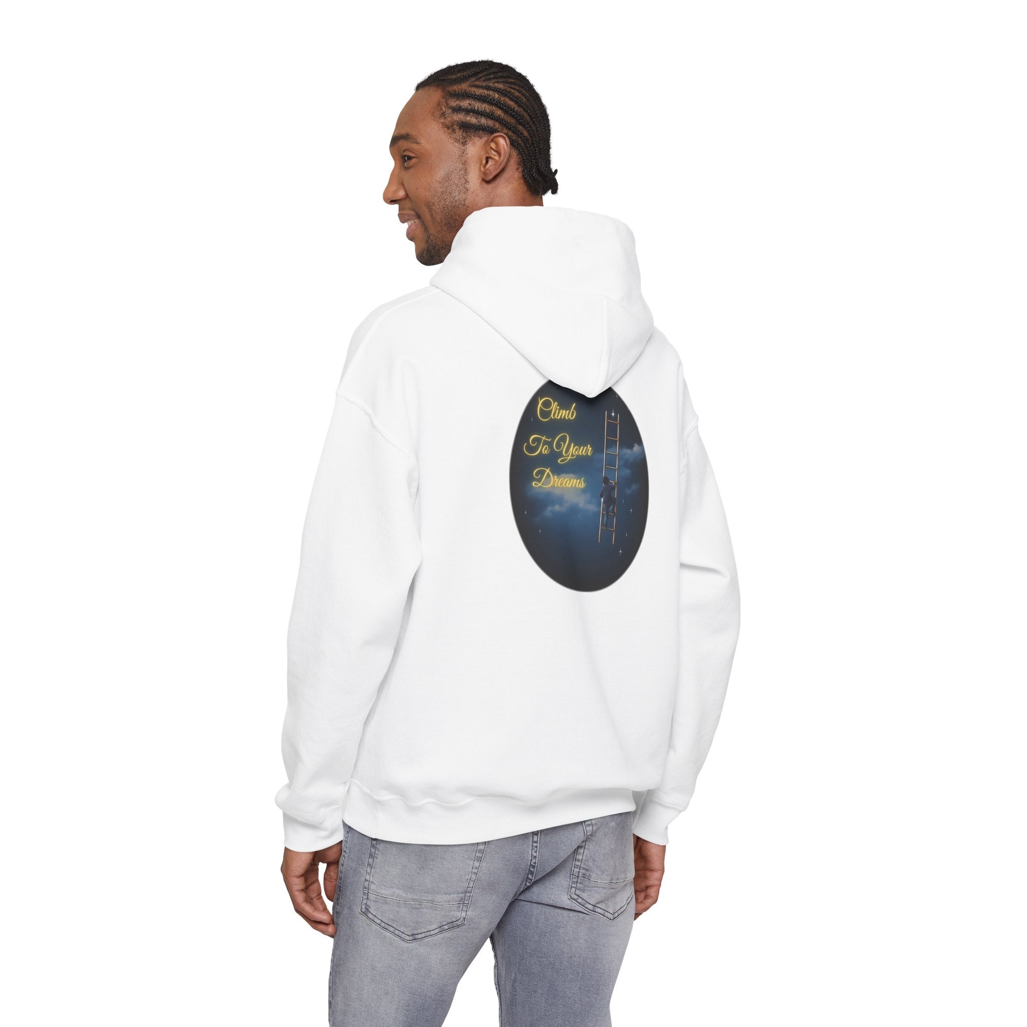 Climb To Your Dreams – Starry Night Ladder-to-Moon Back-Print Hoodie + Front Badge | Gildan 18500, Inspirational and Motivational Apparel, Gift for Dreamers, Creative Expression Wear