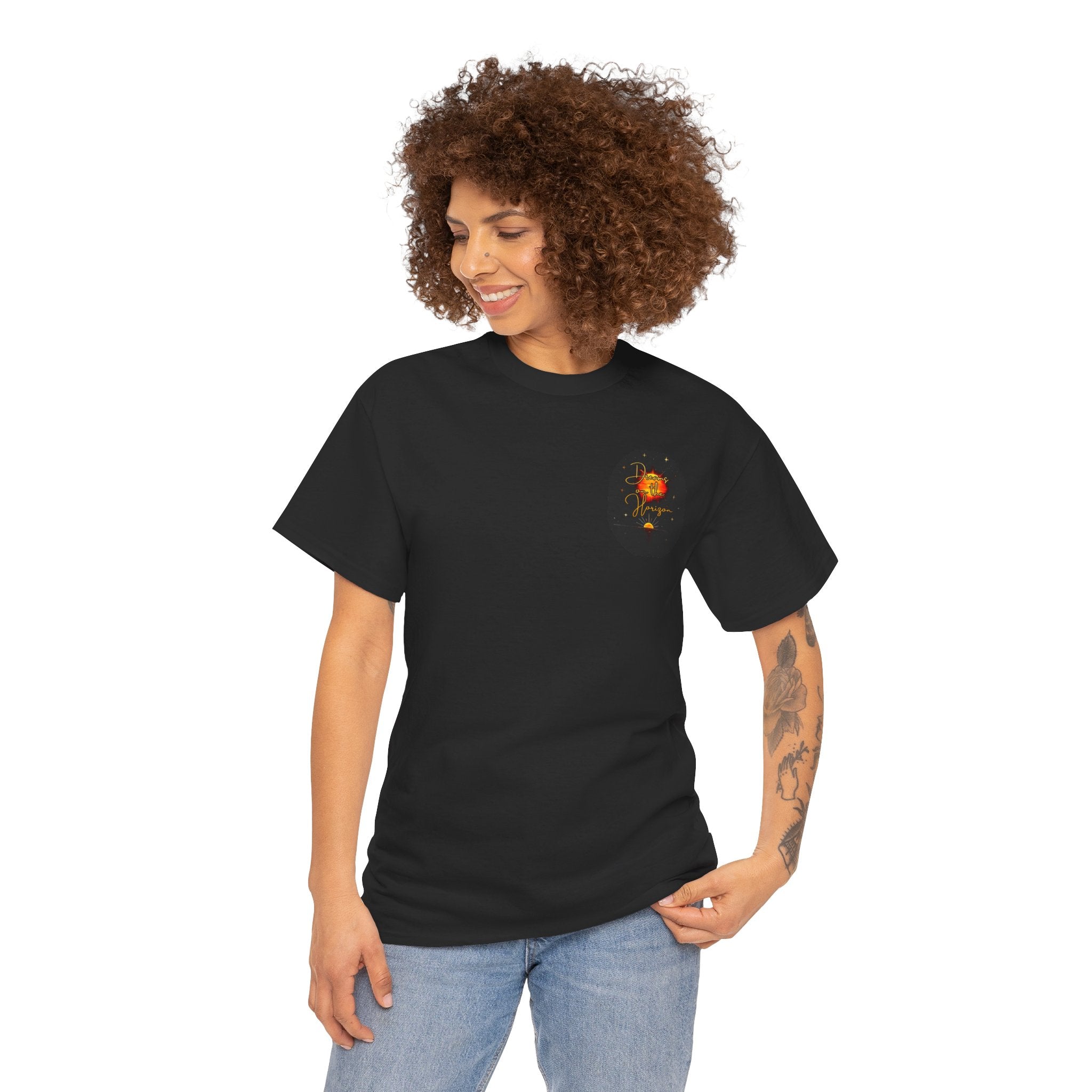 Dreams on the Horizon – Sunrise Back-Print Heavy Cotton Tee, Inspirational and Motivational Apparel, Gift for Dreamers, Creative Expression Wear
