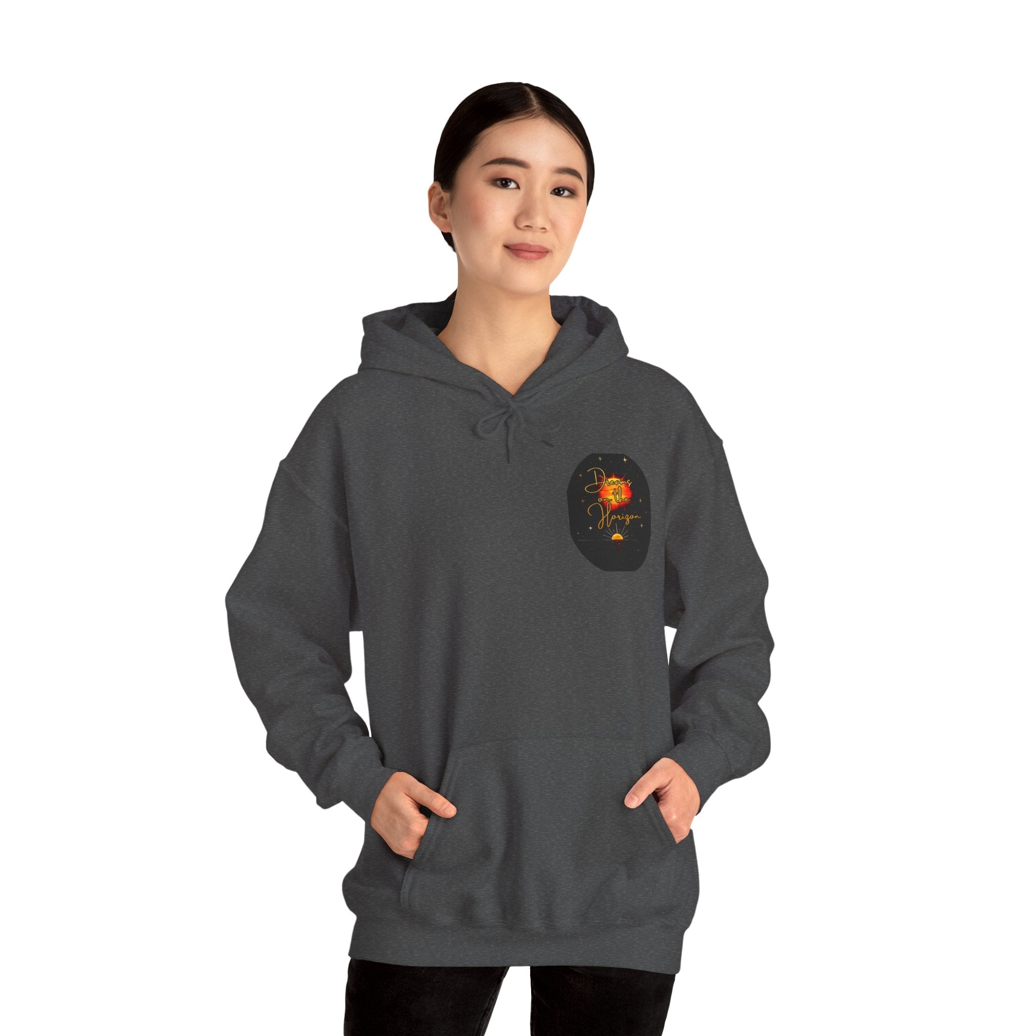 Dreams on the Horizon Sunrise Back Print Hooded Sweatshirt, Inspirational and Motivational Apparel, Gift for Dreamers, Creative Expression Wear