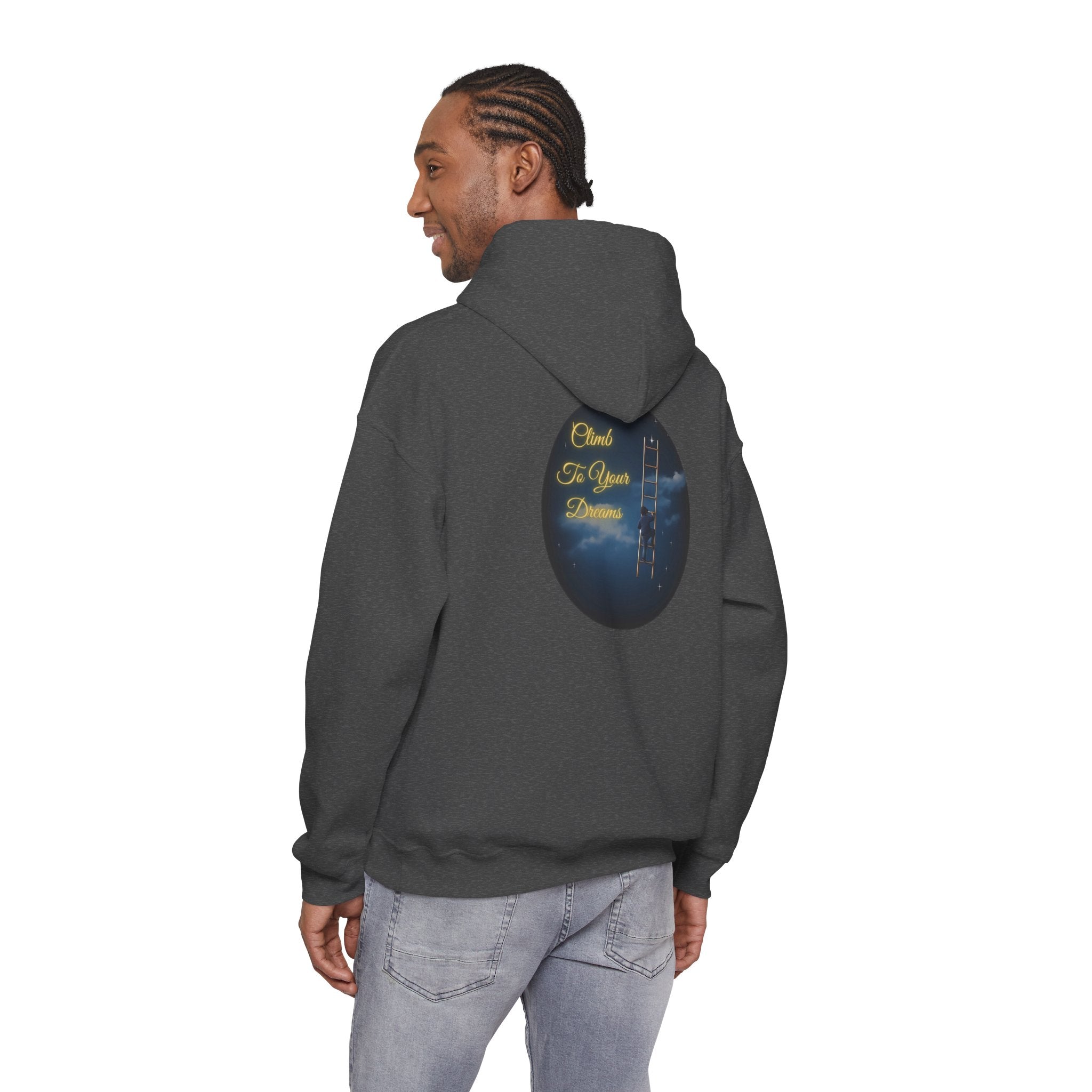 Climb To Your Dreams – Starry Night Ladder-to-Moon Back-Print Hoodie + Front Badge | Gildan 18500, Inspirational and Motivational Apparel, Gift for Dreamers, Creative Expression Wear