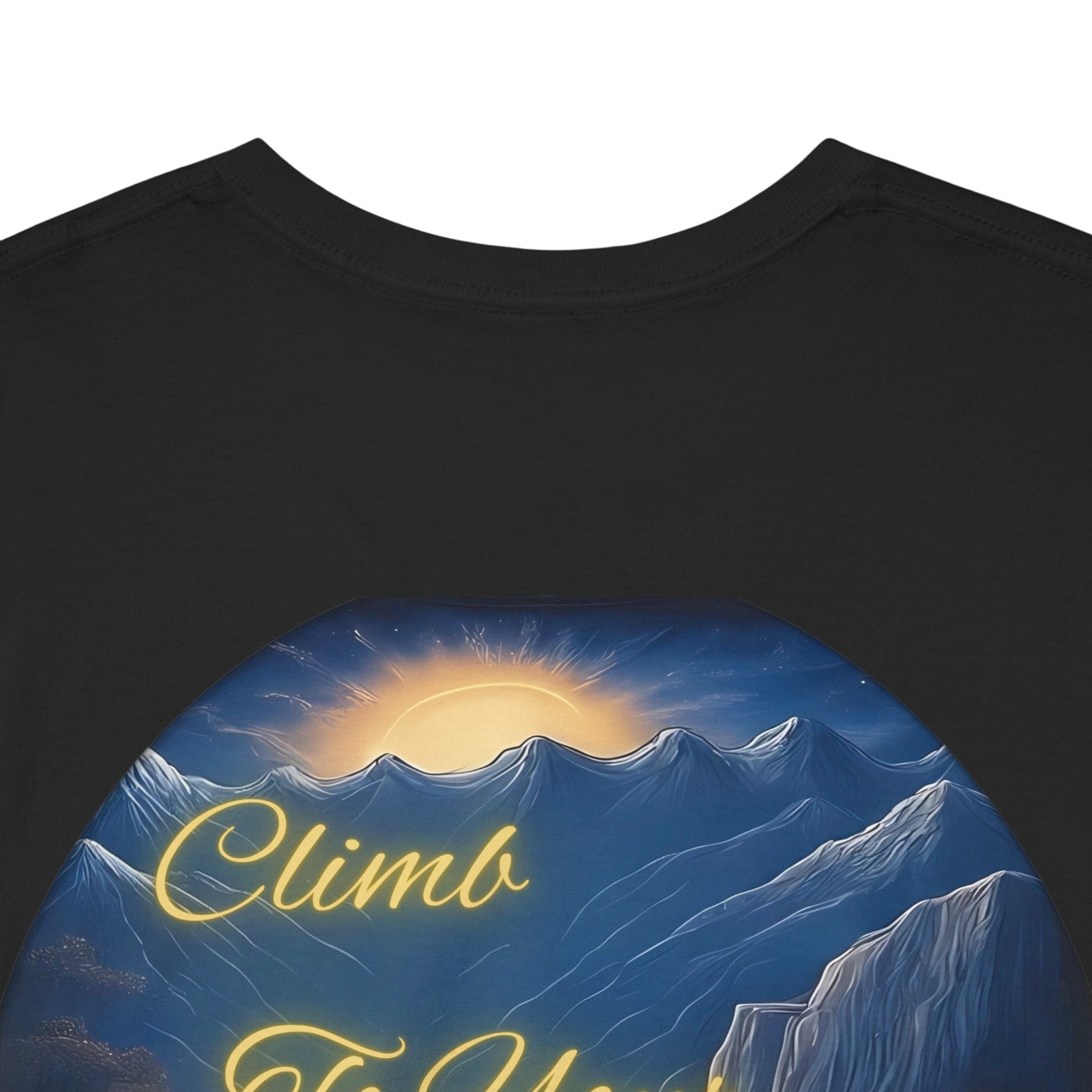 Climb To Your Dreams – Rock Climber Back-Print Tee + Front Badge | Gildan 5000, Inspirational and Motivational Apparel, Gift for Dreamers, Creative Expression Wear