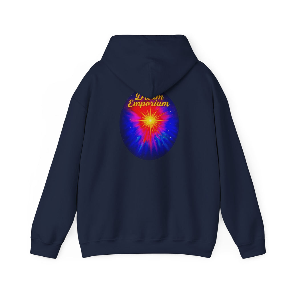 Dream Emporium – Back Printed Radiant Starburst Heavy Blend™ Hooded Sweatshirt, Inspirational and Motivational Apparel, Gift for Dreamers, Creative Expression Wear
