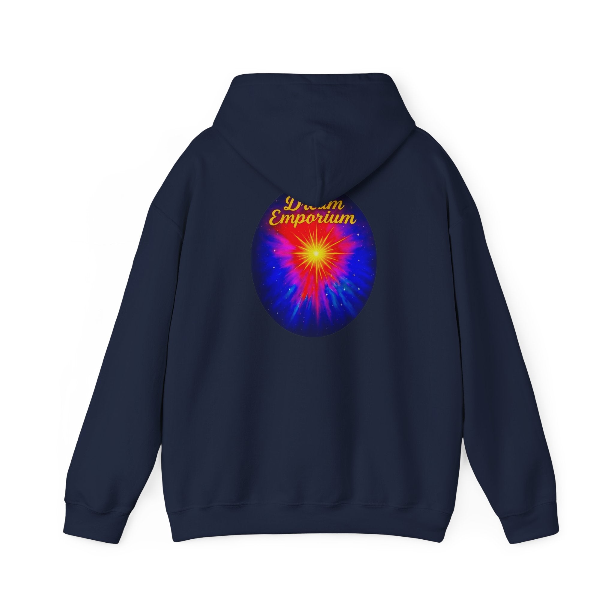 Dream Emporium – Back Printed Radiant Starburst Heavy Blend™ Hooded Sweatshirt, Inspirational and Motivational Apparel, Gift for Dreamers, Creative Expression Wear