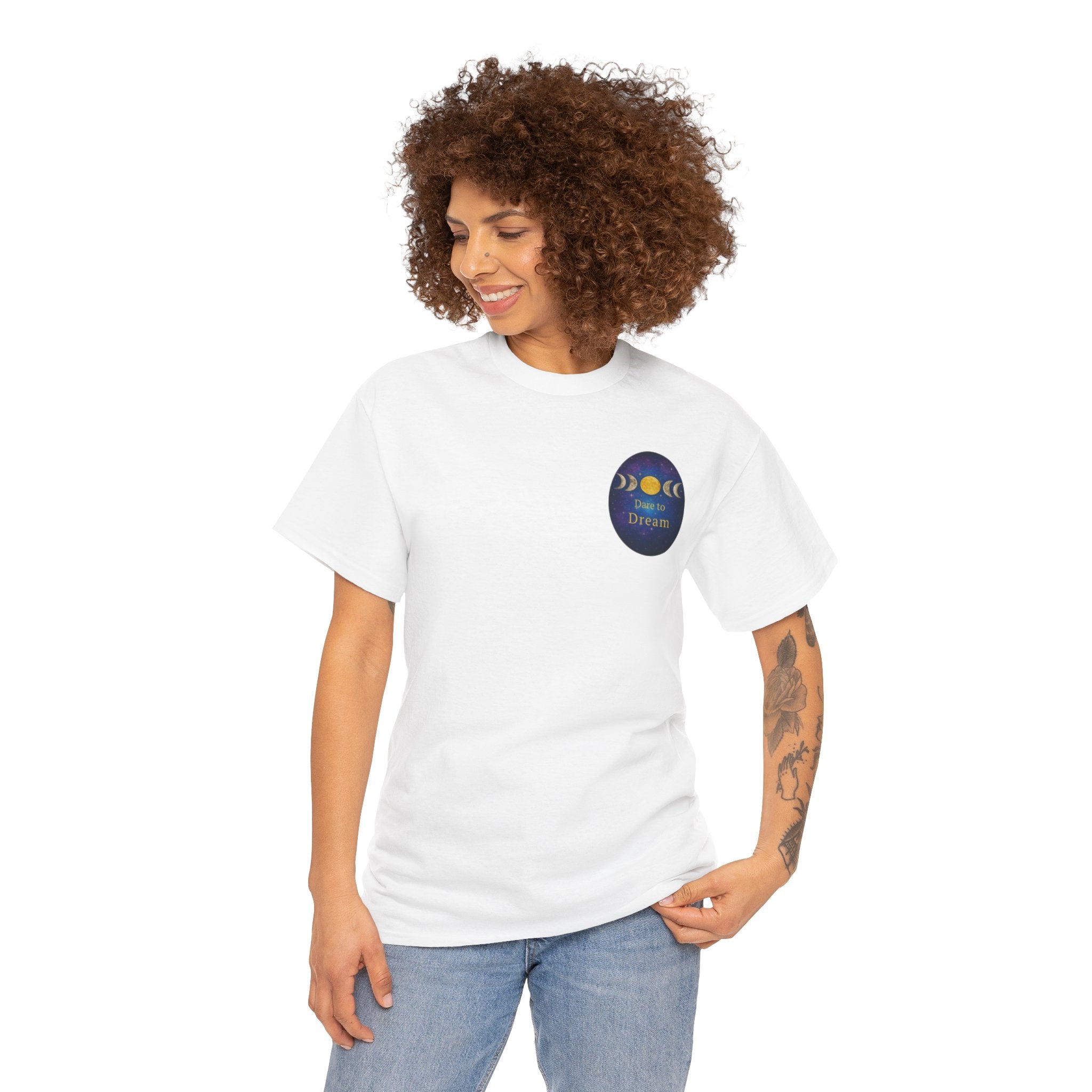 Dare to Dream Moon-Phase Tee – Golden Full Moon Back Print + Front Badge | Gildan 5000 Heavy Cotton, Inspirational and Motivational Apparel, Gift for Dreamers, Creative Expression Wear