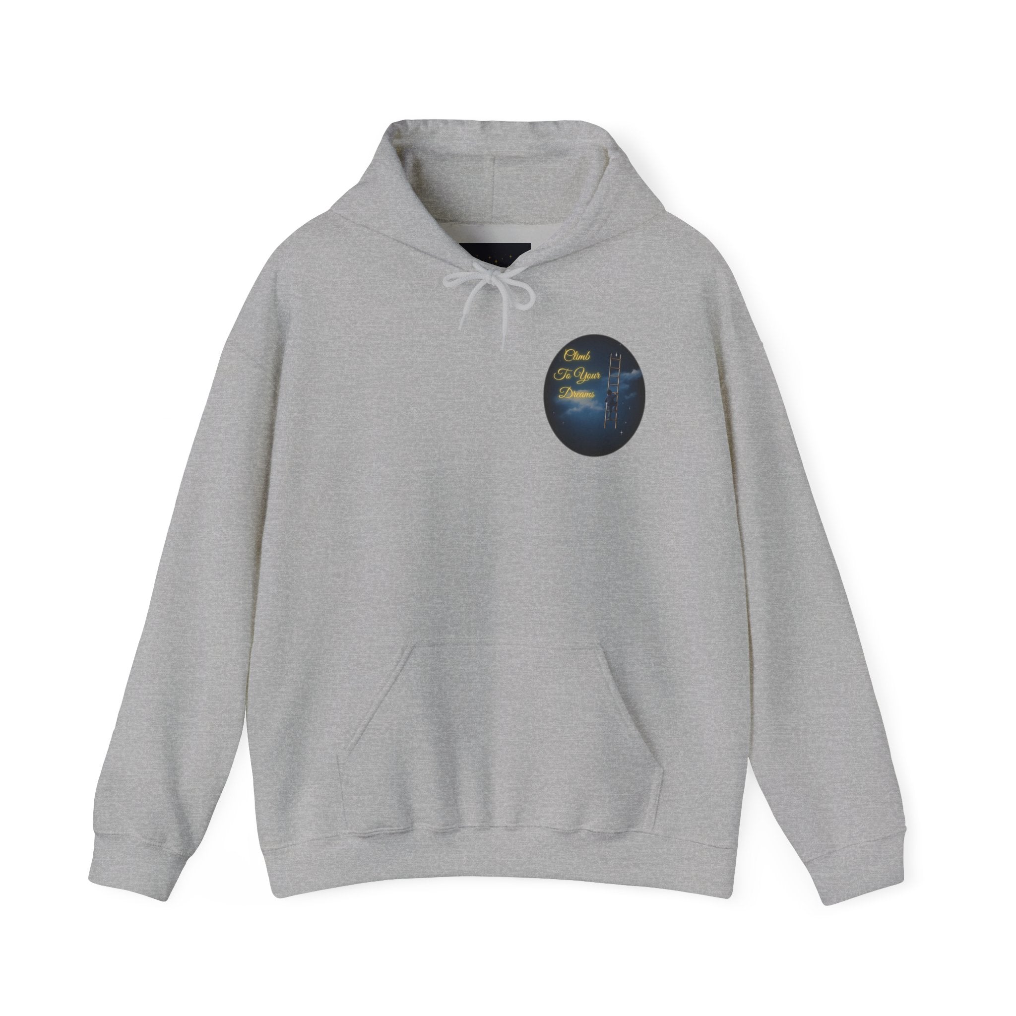 Climb To Your Dreams – Starry Night Ladder-to-Moon Back-Print Hoodie + Front Badge | Gildan 18500, Inspirational and Motivational Apparel, Gift for Dreamers, Creative Expression Wear