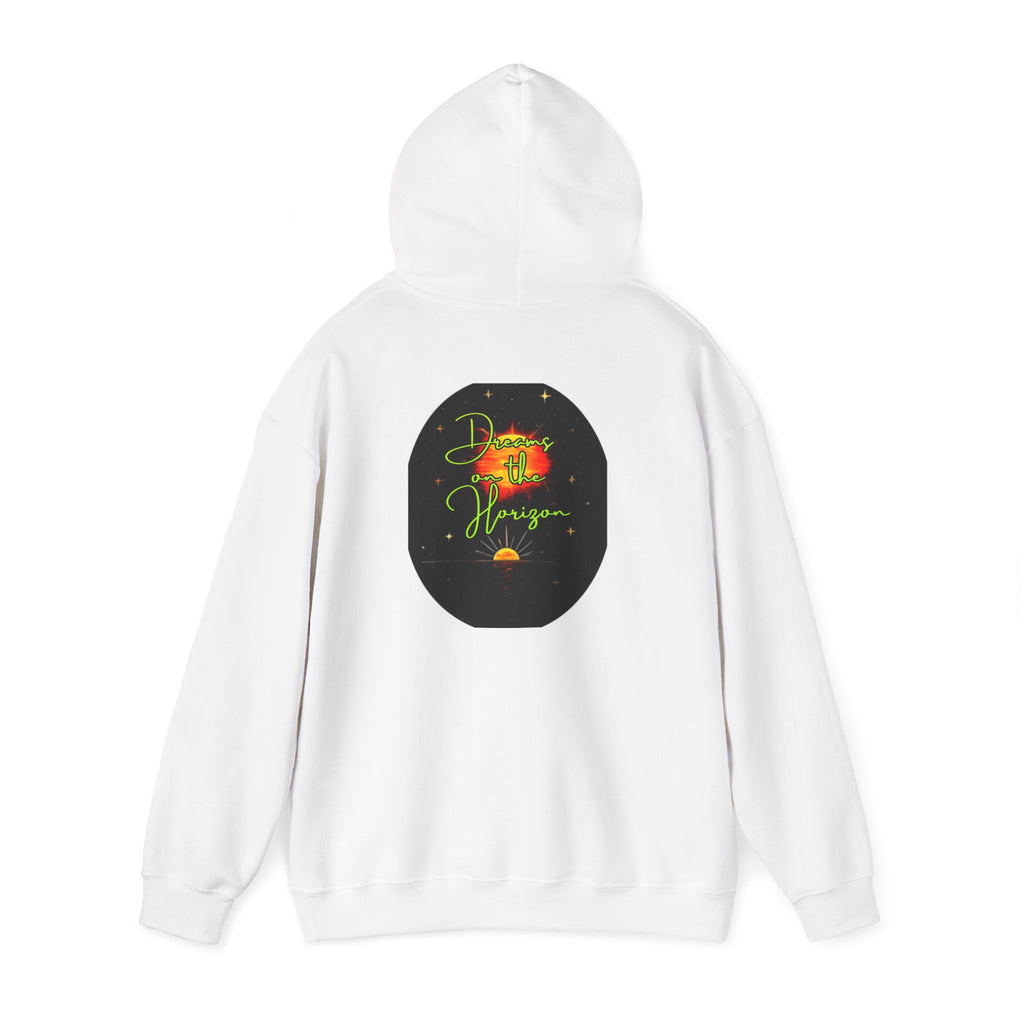 Dreams on the Horizon (Lemongrass) Sunrise Back Print Hooded Sweatshirt, Inspirational and Motivational Apparel, Gift for Dreamers, Creative Expression Wear