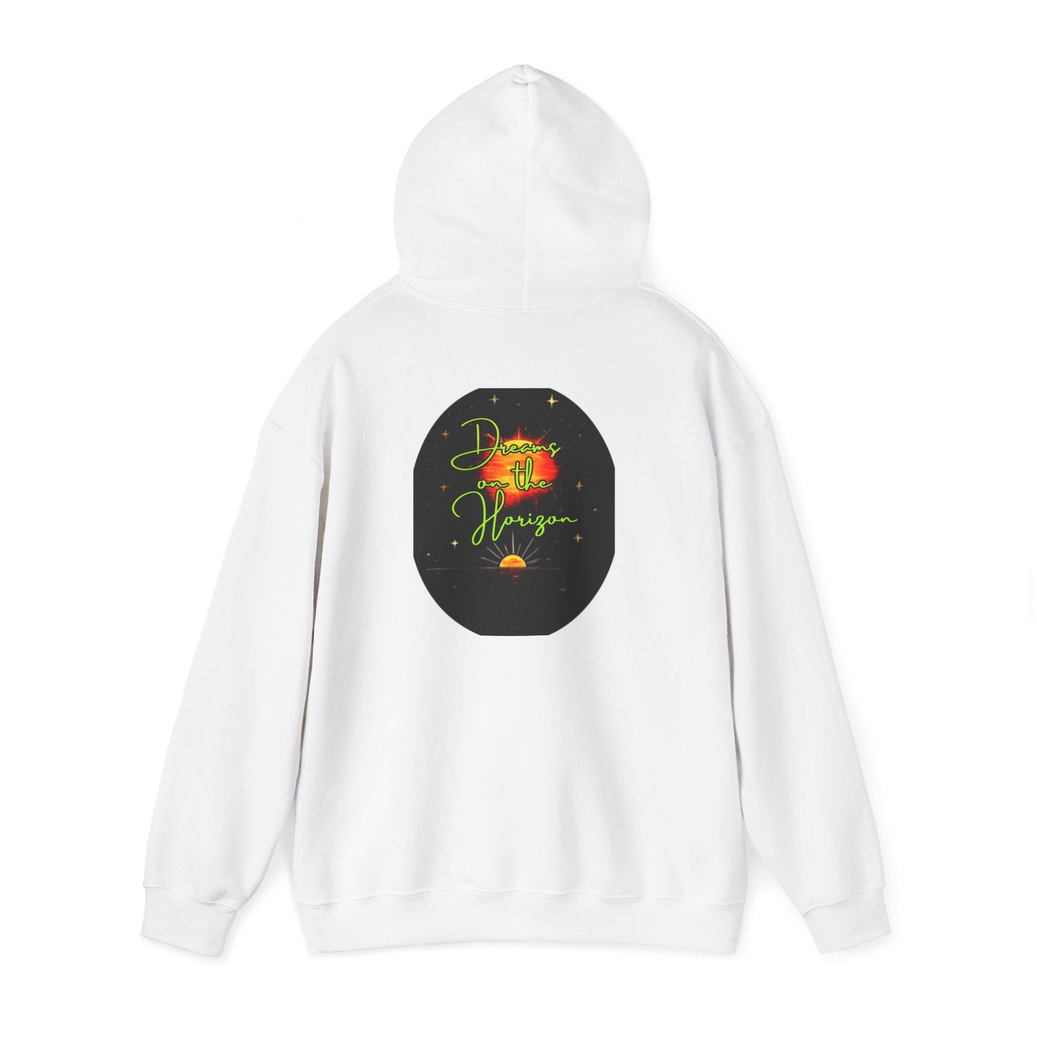 Dreams on the Horizon (Lemongrass) Sunrise Back Print Hooded Sweatshirt, Inspirational and Motivational Apparel, Gift for Dreamers, Creative Expression Wear